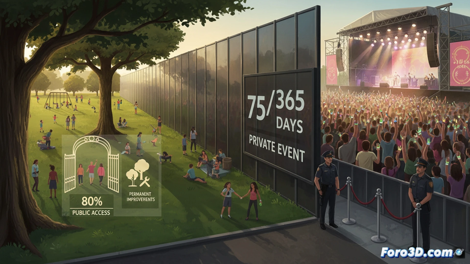 photorealistic urban scene, public park with green grass and trees, a large private event tent occupying central area, metal fences blocking access to playground and benches, families standing outside fences looking frustrated, workers installing commercial signs on park infrastructure, contrast between sunny free park areas and shaded restricted zones, cinematic lighting, wide-angle lens, detailed foliage and urban background, technical illustration style, clear separation between public and privatized zones, dramatic shadows emphasizing conflict
