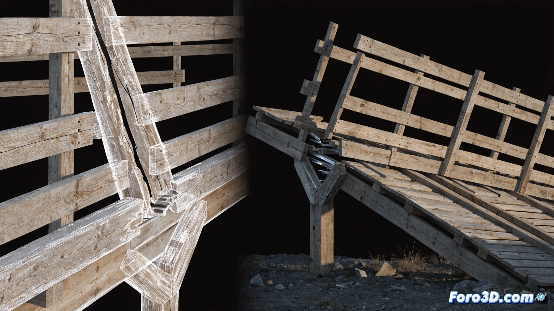engineering visualization of a wooden pedestrian bridge mid-collapse, pine timber beams splintering at hidden steel connectors, internal cracks revealed by 3D scanner data projected as glowing red fracture lines across the wood surface, load-test weights tilting and falling from the deck, exposed joinery showing corroded metal brackets snapping under tension, photorealistic technical illustration, dramatic side-angle shot, debris dust suspended in air, cold industrial lighting, structural failure analysis aesthetic, ultra-detailed wood grain and metal fracture surfaces