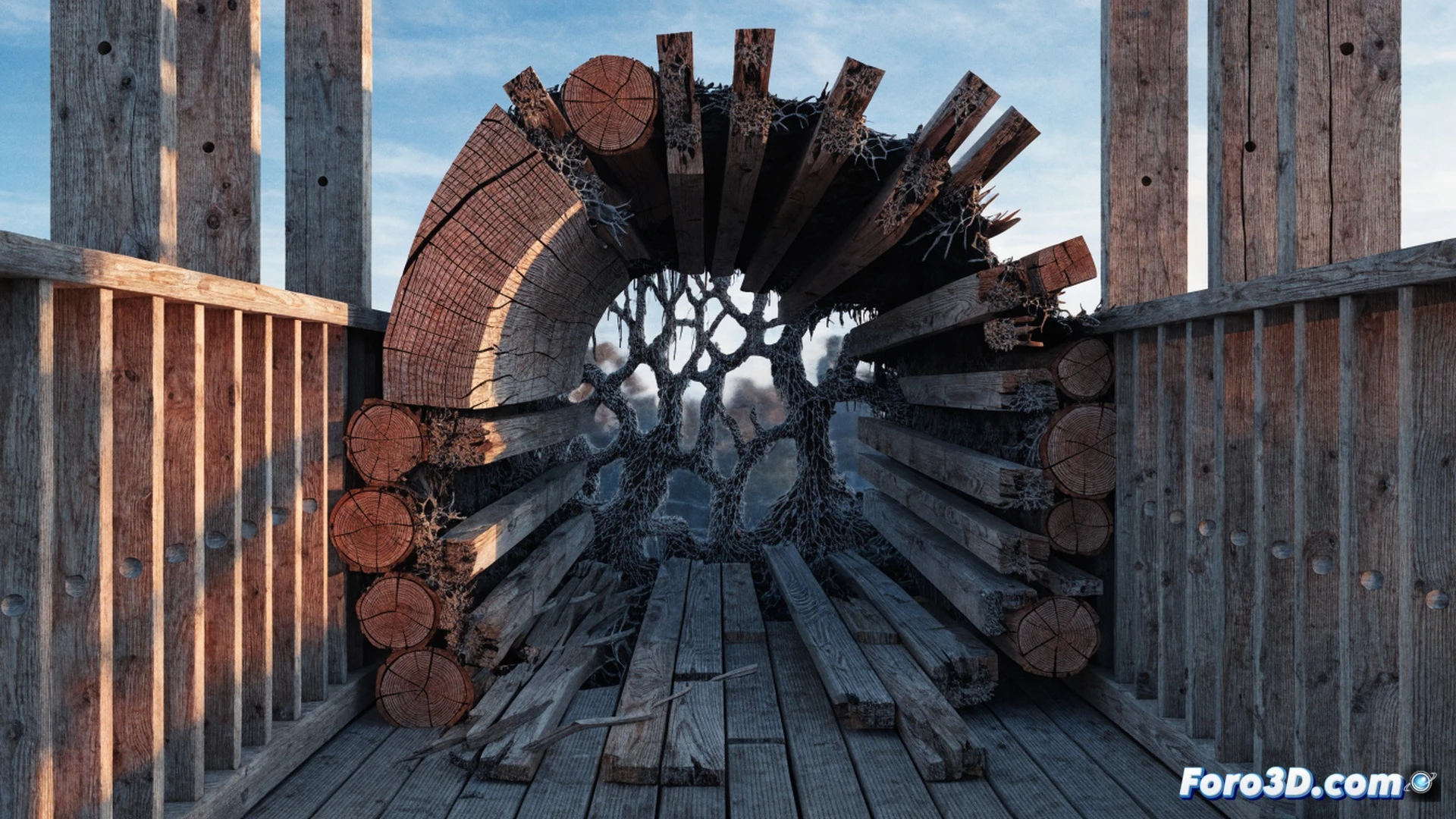 wooden pedestrian bridge mid-collapse, diagonal crack propagating through a timber node joint, exposed internal rot showing dark fungal decay hidden beneath intact surface, splintered wood fibers under shear failure, a safety inspector wearing hi-vis vest and hard hat examining the fracture with a moisture meter and flashlight, engineering tablet displaying structural analysis software on the ground nearby, photorealistic technical illustration, dramatic overcast lighting, sharp focus on decayed wood texture and crack progression, ultra-detailed timber grain and fungal hyphae, cinematic engineering visualization