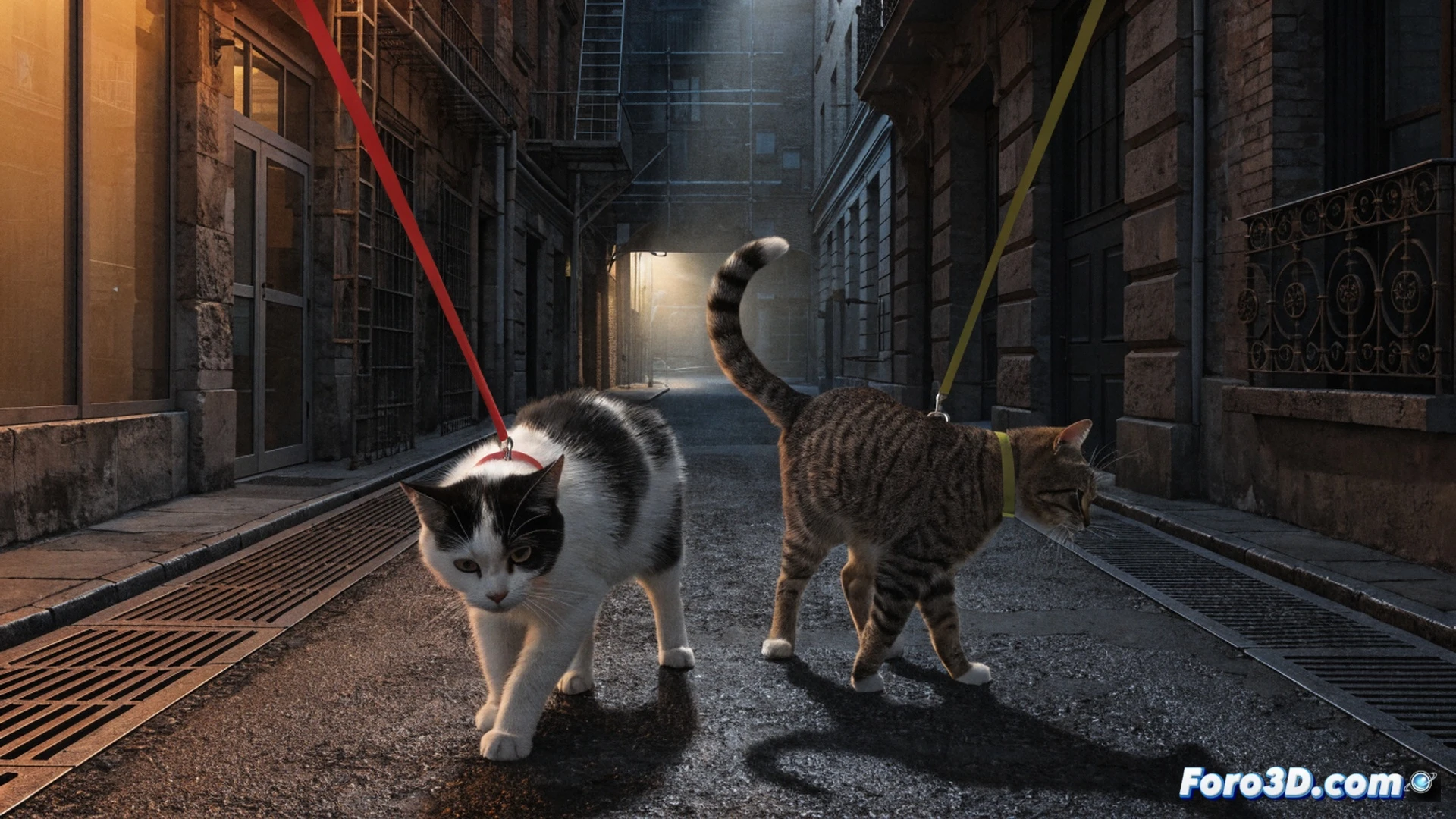gato naranja atigrado usando arnés ajustado, tensando la correa mientras se agacha y aplana las orejas, cola erizada, mostrando lenguaje corporal de estrés y miedo, fondo de calle urbana con aceras y tráfico difuso, dueño tirando suavemente de la correa ignorando las señales del felino, estilo cinematográfico fotorrealista, iluminación dramática de atardecer, sombras alargadas, textura detallada del pelaje y arnés, composición en picado mostrando la vulnerabilidad del animal, ambiente tenso y antinatural