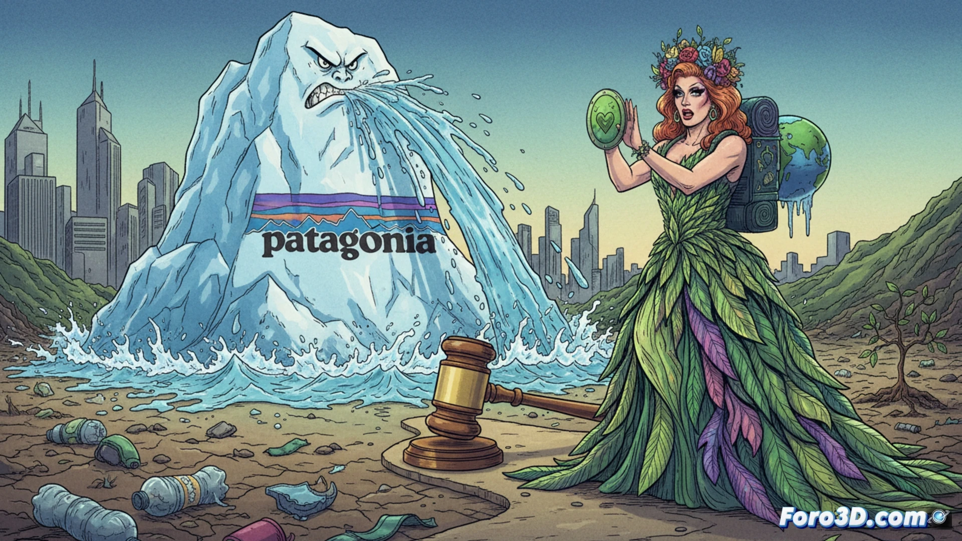 Descripción: Patagonia demanda a una drag queen climática. Logotipos similares chocan: montaña y activismo vs. marca comercial. Ironía ambiental.