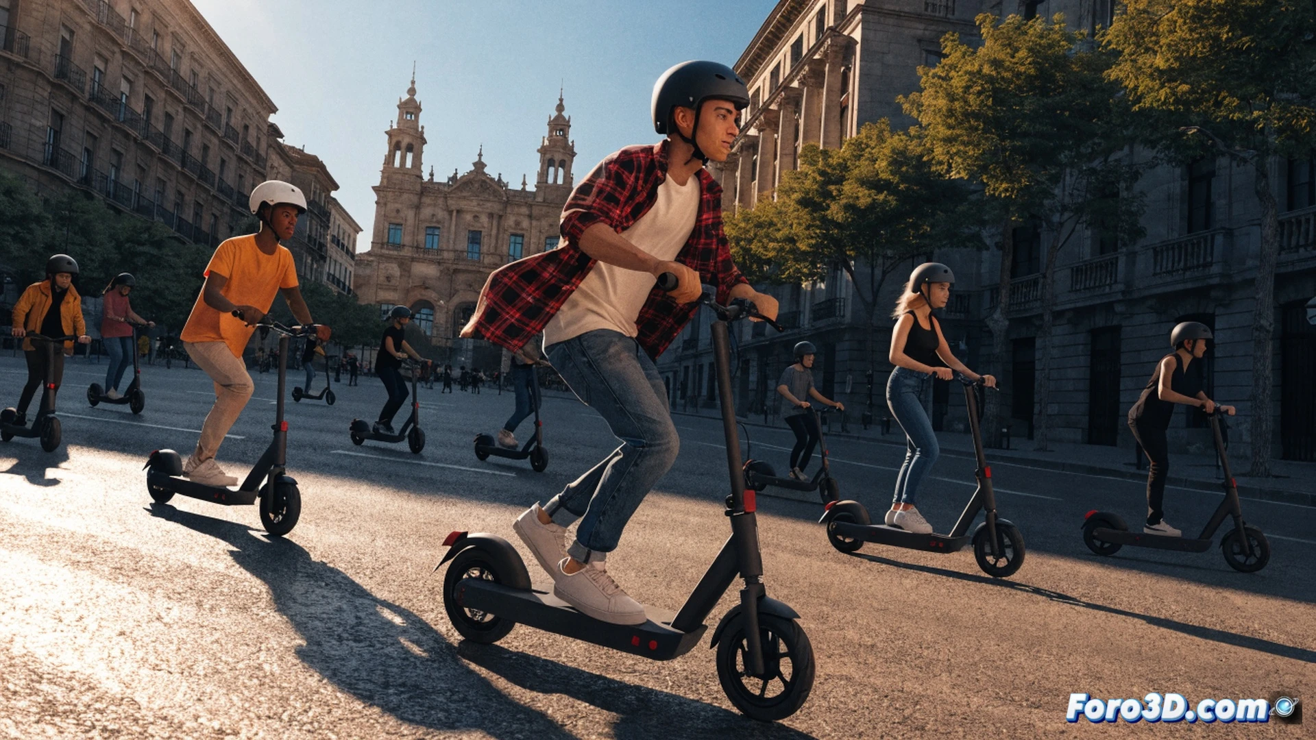 electric scooters flowing through a sunlit Zaragoza street at golden hour, over fifty riders in coordinated motion weaving past a parked car and a pedestrian on a crosswalk, scooter wheels gripping asphalt, LED headlights glowing, handlebar grips and brake levers visible, a young rider in helmet and backpack leading the group with hand signal, technical illustration style, photorealistic urban scene, low-angle shot showing scooter tires and suspension detail, warm orange light reflecting on metal frames, clean aerodynamic lines, action demonstrating coexistence between vehicles and pedestrians, no text or numbers, cinematic composition