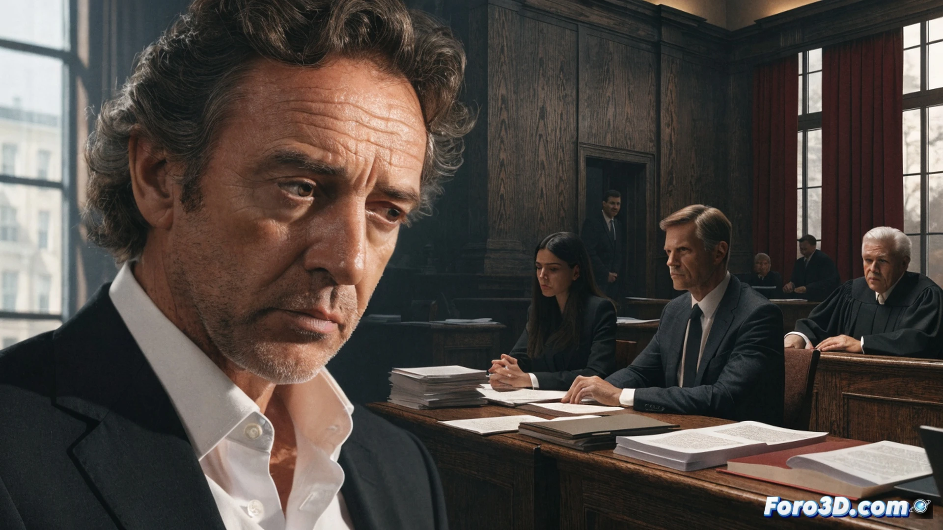 Patrick Bruel silhouette cast against a courtroom door, four legal documents with red seals being stamped on a judge's desk, two additional complaint files sliding forward, gavel mid-swing above a polished wood surface, dramatic chiaroscuro lighting from ceiling lamps, photorealistic cinematic scene, motion blur on the gavel, shadows of microphones and journalists visible through frosted glass, dark suit and tie details, tension in the judicial atmosphere, ultra-detailed textures on paper grain and metal gavel, no text or numbers visible