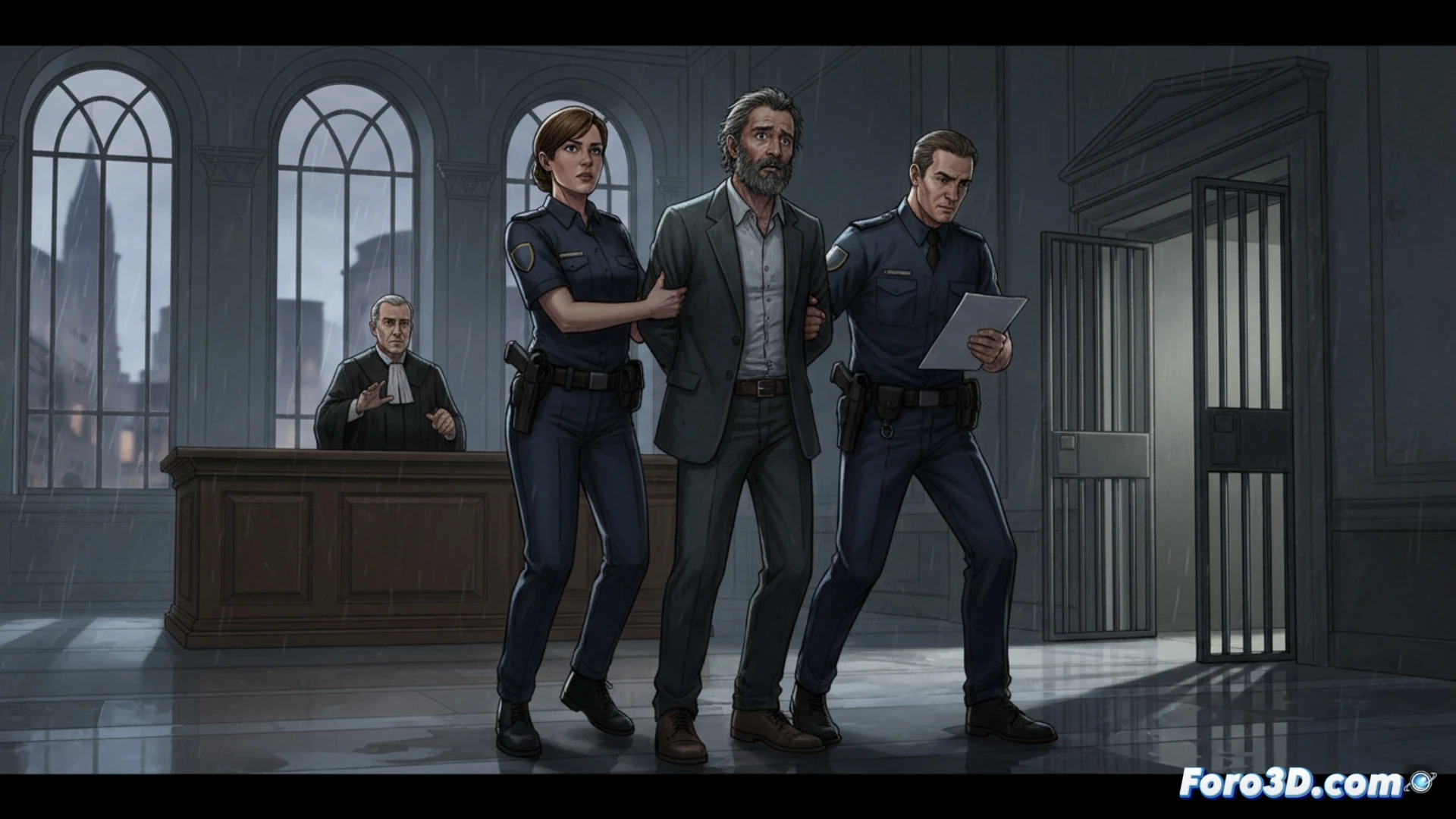 photorealistic courtroom scene, Patrick Bruel standing in glass-walled custody box, handcuffed wrists visible through transparent barrier, judge’s gavel mid-strike on wooden block, legal documents spread on bench, police officer adjusting handcuffs, dramatic side lighting casting long shadows on marble floor, cold blue-gray tones, security camera in corner, metal detector frame in background, cinematic judicial atmosphere, ultra-detailed texture on suit fabric and glass reflections, technical legal setting emphasizing accountability