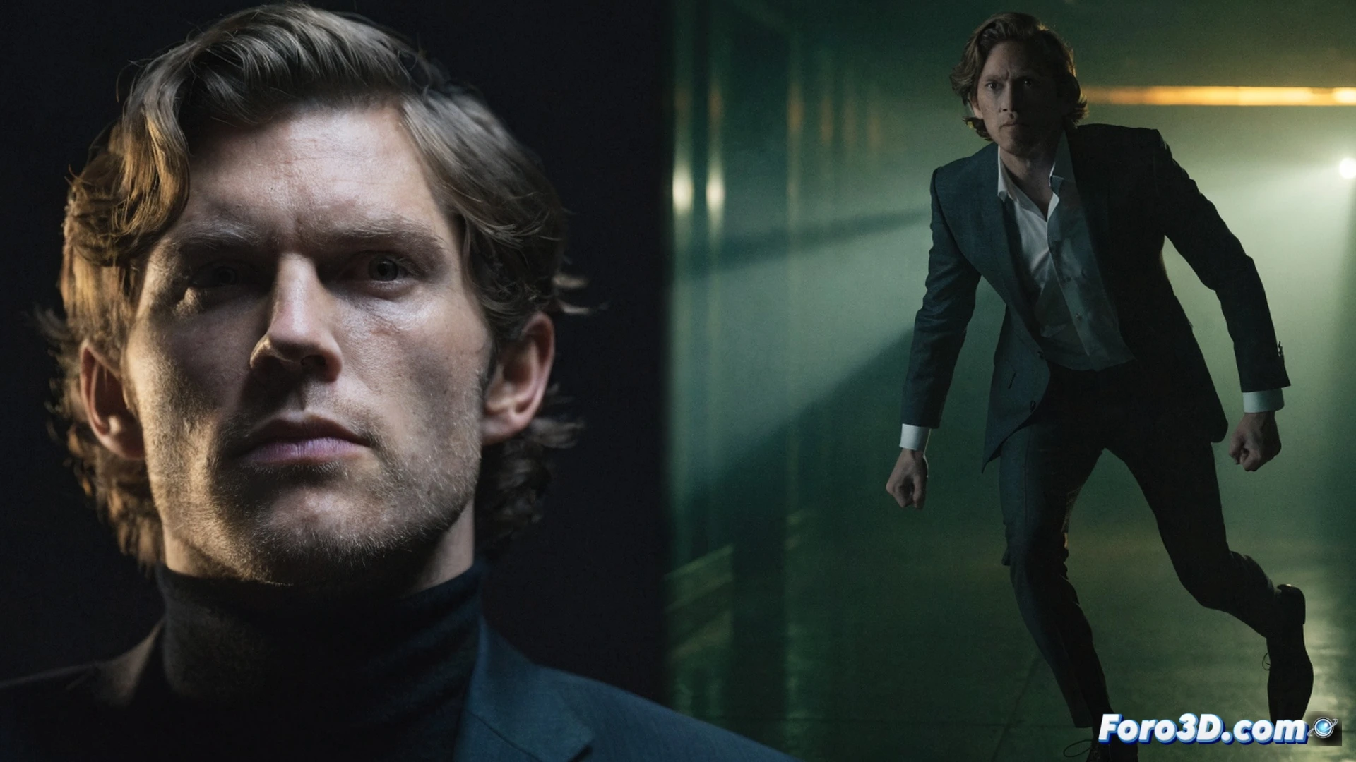 Patrick Gibson en un estudio de captura de movimiento, interpretando a James Bond durante una escena de acción en un set de videojuego, vistiendo un traje negro con marcadores reflectantes, mientras realiza un giro defensivo con una pistola prop, rodeado de cámaras de infrarrojos y brazos robóticos, luces LED azules iluminan su rostro concentrado, fondo con pantallas verdes y monitores mostrando wireframes del personaje, estilo fotorealista cinematográfico, iluminación dramática de estudio, texturas metálicas y de tela detalladas, alta definición técnica.