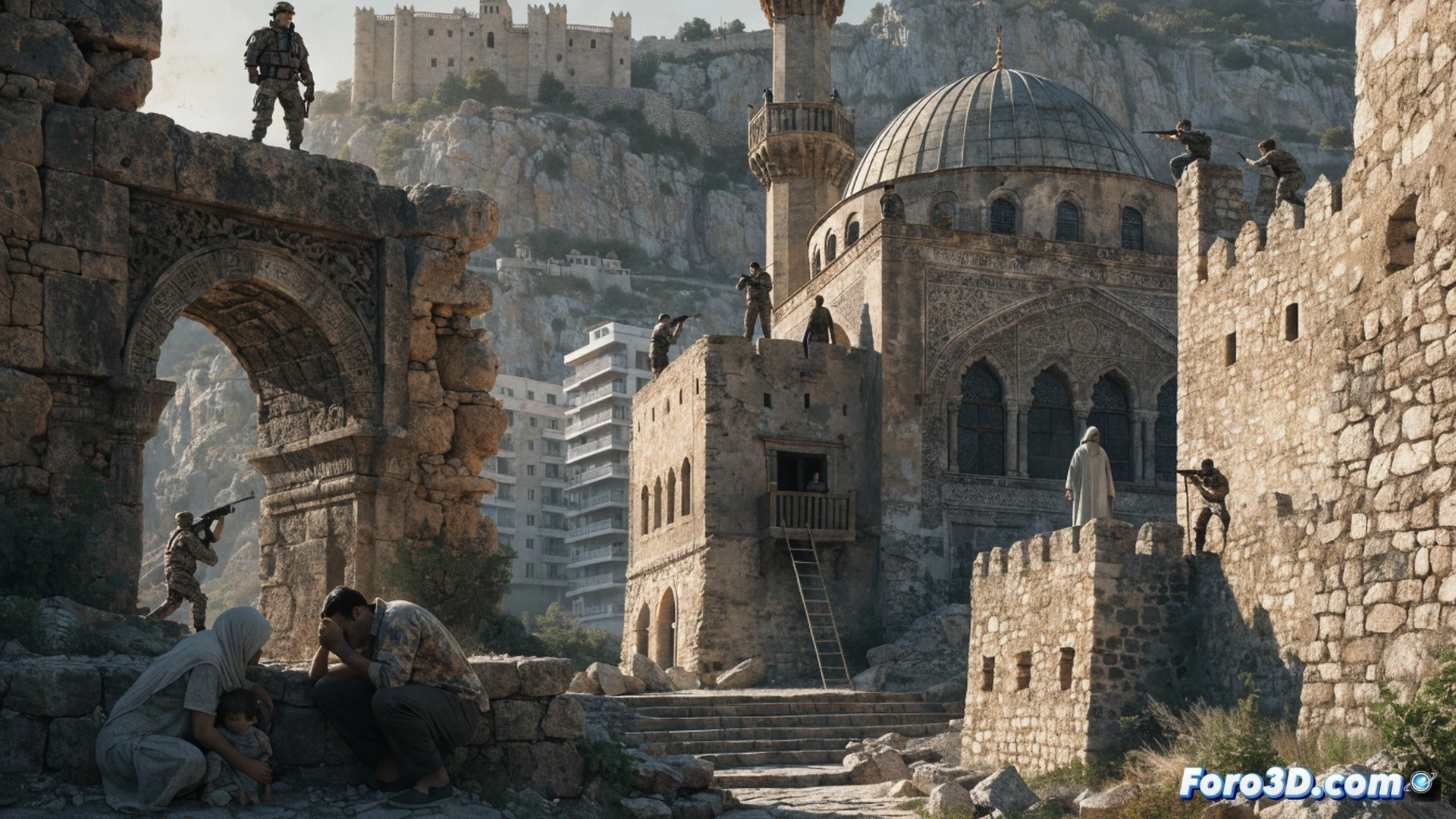 military occupation of a historic stone fortress at dusk, armed soldiers setting up a command post inside an ancient mosque courtyard, civilians crouching behind damaged marble columns, bullet impacts chipping decorative arabesque carvings, a drone hovering over a minaret with surveillance equipment, smoke rising from a collapsed archaeological excavation site, photorealistic war documentary style, cinematic dramatic lighting with harsh shadows, ultra-detailed stone textures and medieval architecture, dust particles suspended in the air, tension between heritage and destruction, technical illustration of a cultural site being converted into a military base
