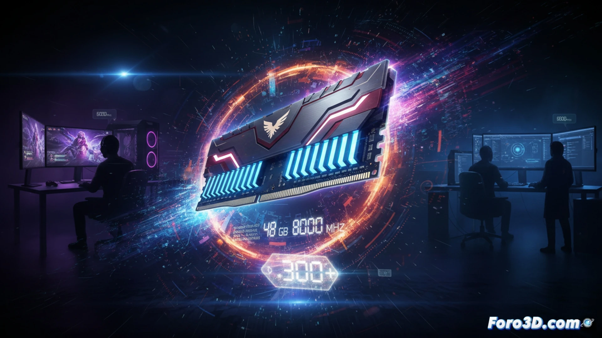 DDR5 memory module glowing with intense red heat during extreme overclocking test, thermal camera overlay showing 80+ degree hotspots on RAM heatspreader, motherboard VRM area under liquid cooling loop, benchmark software interface blurred in background showing memory latency spikes, gaming PC case with glass side panel reflecting multicolored RGB, subtle smoke effect from overheating components, dramatic dark studio lighting with blue accent lights, photorealistic technical illustration style, ultra-detailed PCB traces and capacitor array visible, thermal paste residue on heatsink contact surface