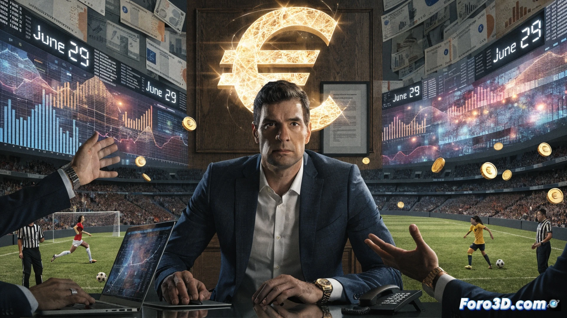 Pau Gasol liderando una reunión ejecutiva en una sala de juntas moderna, mostrando un proyector digital con un gráfico de barras ascendente de 55M euros sobre el mapa mundial de la Liga F femenina, inversores analizando tablets y documentos financieros sobre la mesa de vidrio, fondo con pantallas táctiles mostrando estadísticas de audiencia internacional y contratos de patrocinio, estilo cinematográfico fotorealista, iluminación dramática tipo sala de consejo, tonos azul corporativo y dorado, profundidad de campo enfocando la acción de la firma del acuerdo, alta definición técnica