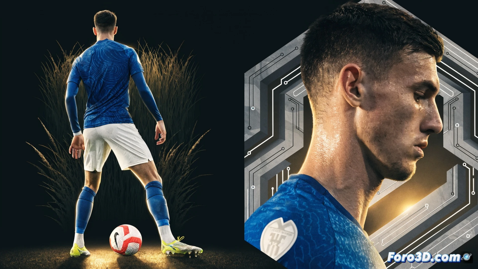 cinematic 3D technical illustration of a football defender in a low stance reading the pitch, green grass field with abstract positional zones highlighted in translucent blue, opponent forward making a run into space while Pau Torres shifts body to intercept passing lane, glowing trajectory lines showing anticipated ball path, ball at his feet during a build-up phase, semi-transparent skeleton wireframe overlaying his torso to show posture and balance, soft stadium lighting casting long shadows, photorealistic engineering visualization, tactical analysis aesthetic