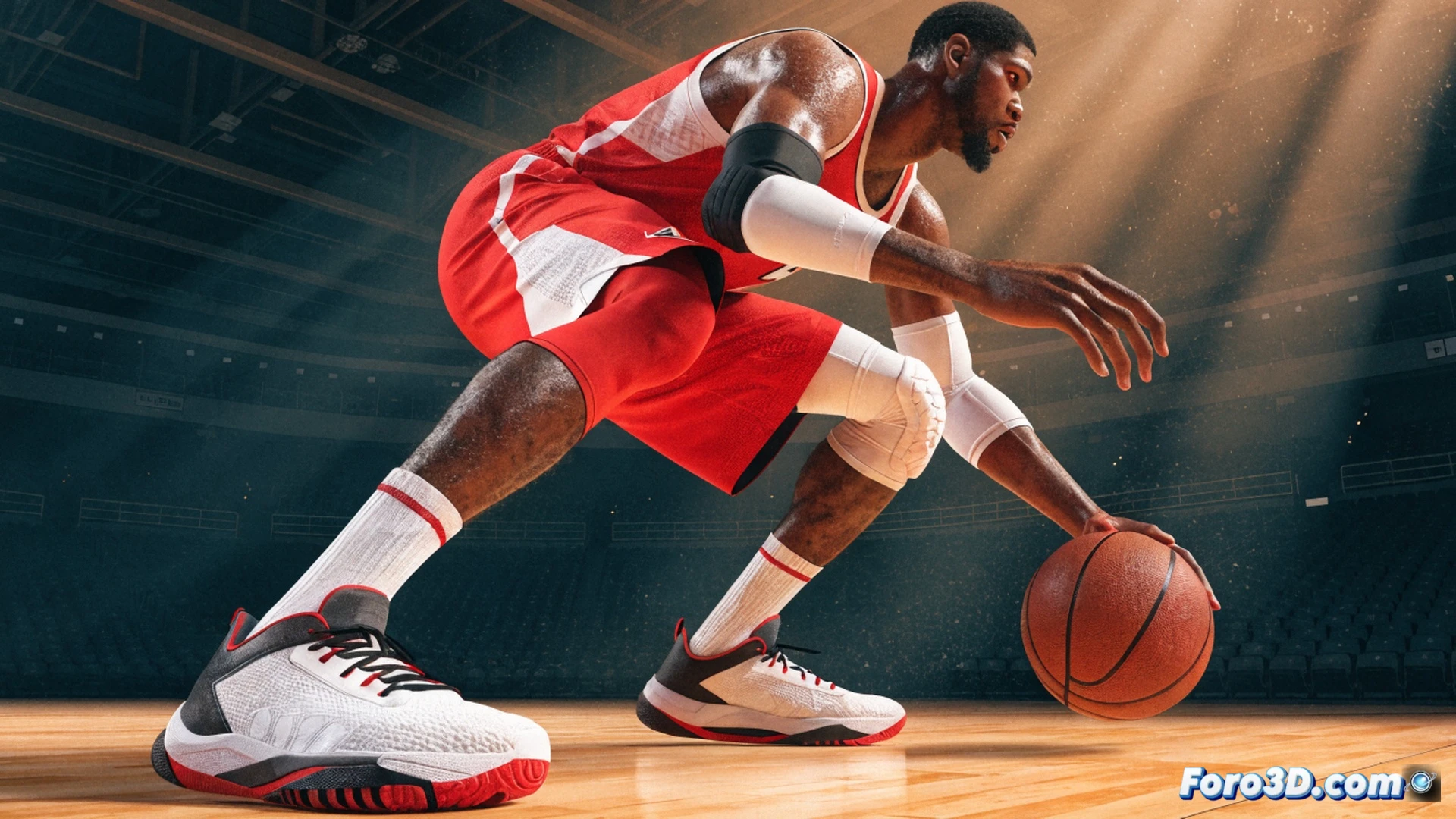 Paul George executing a crossover dribble at high speed, ball-handling low near the hardwood floor while his 7-foot wingspan fully extended, defender lunging off-balance, motion-capture suit with glowing joint markers tracking lateral hip movement and shoulder torque, basketball rim visible in background, photorealistic technical illustration, dramatic arena lighting, sweat droplets frozen mid-air, muscle striations visible, ultra-detailed athletic anatomy, cinematic sports biomechanics render