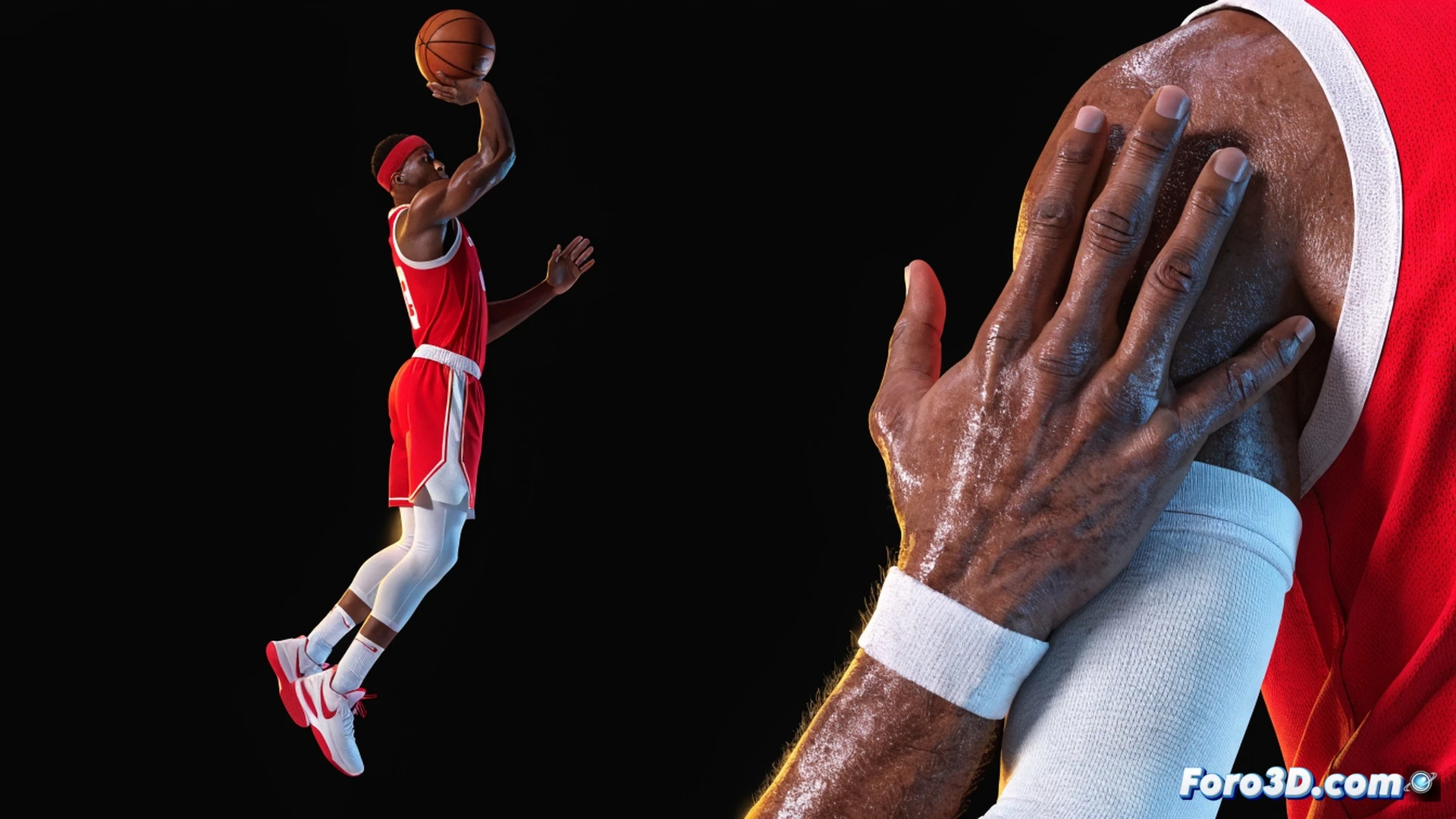 basketball player mid-air three-point shot simulation, arms fully extended with 2.13m wingspan highlighted by translucent blue measurement lines, biomechanical joint angles displayed as glowing wireframe overlays, ball releasing with spin trajectory tracked by orange motion arcs, defender reaching but missing by visible distance gap, photorealistic technical illustration, dark gym background with spotlight on player, muscle tension visible through jersey, dynamic pose frozen in time, ultra-detailed skin texture and shoe lace shadows, cinematic sports engineering visualization