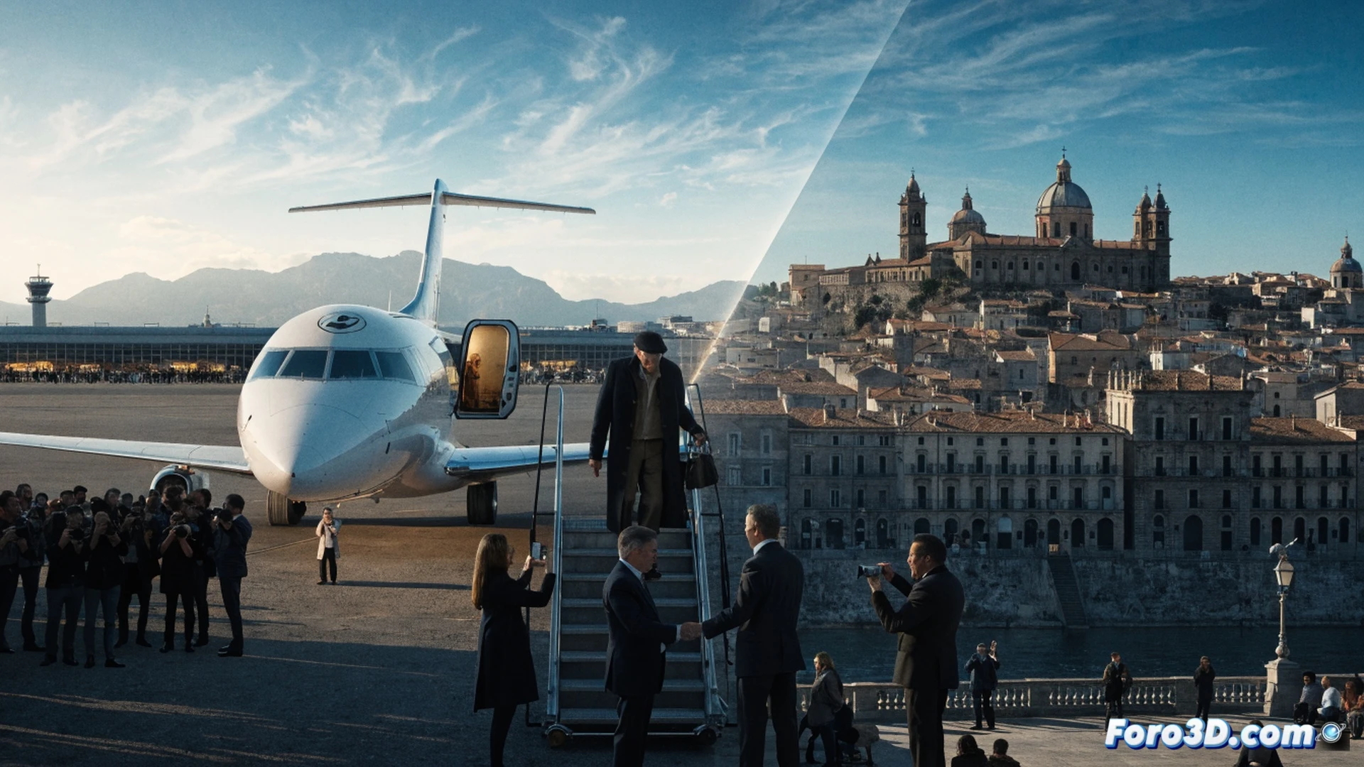 Paul McCartney stepping off a private jet onto Palermo airport tarmac, shaking hands with ground crew in high-vis vests while a baggage loader operates near the wing, airport control tower in background under golden Sicilian sunset, cinematic photorealistic style, warm amber lighting casting long shadows, jet engine turbine blades visible with heat haze, reflective sunglasses showing runway details, motion blur from rotating radar antenna, ultra-detailed aircraft fuselage and cockpit windows, dramatic sky with scattered clouds, technical aviation scene