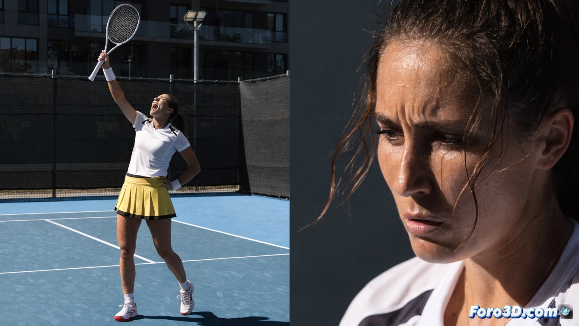 tenista femenina en cancha de césped verde, raqueta en mano izquierda mientras el brazo derecho sostiene un teléfono roto con grietas digitales, sombras alargadas de redes de tenis proyectadas sobre su rostro, fondo borroso con gradas vacías y luces de estadio apagadas, estilo cinematográfico con iluminación dramática de atardecer, textura de césped húmedo y líneas blancas desgastadas, atmósfera melancólica, photorealistic render, enfoque en la tensión entre el deporte y lo personal