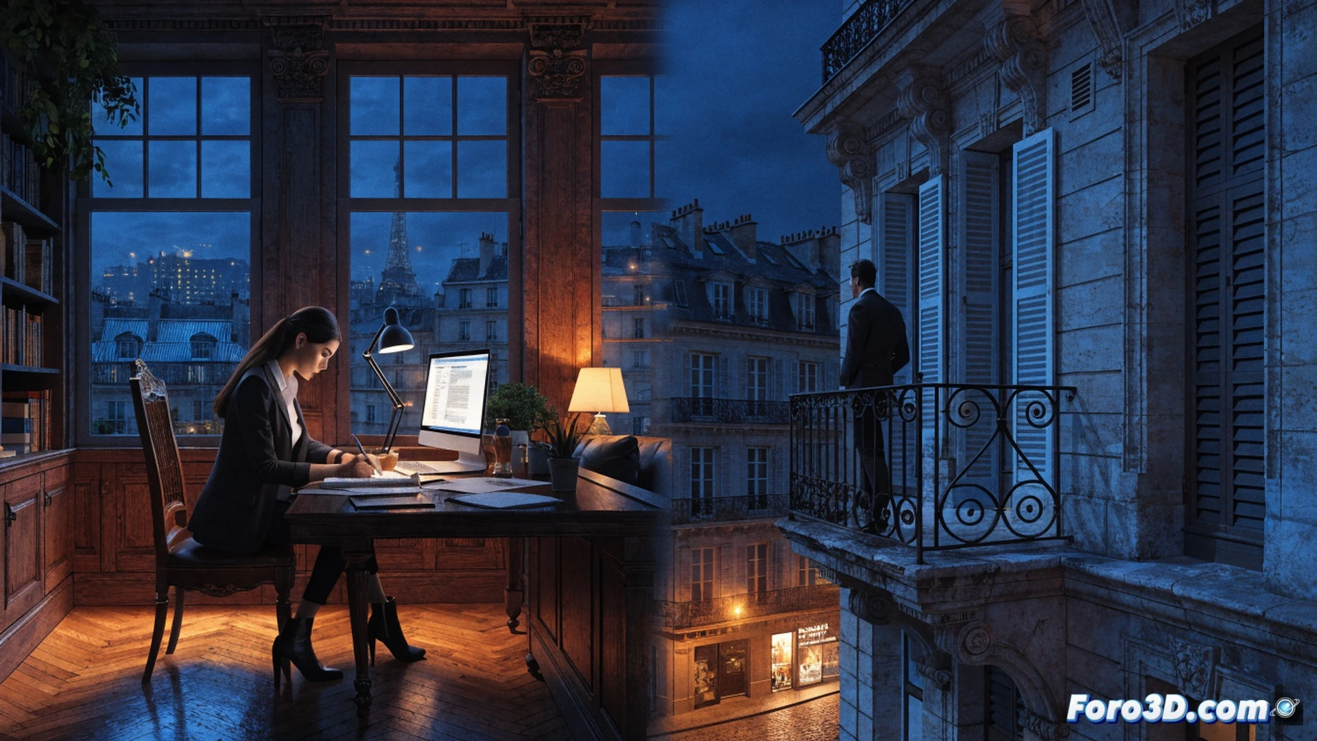 photorealistic cinematic scene showing a woman writer at a wooden desk in a Parisian apartment, her hands typing on a vintage typewriter while scattered printed pages with handwritten corrections float around her, a glowing Lumen award trophy with 30K euro symbol on the corner, window behind her reveals the Eiffel Tower at dusk, soft golden light illuminating the room, coffee cup with steam, stack of books titled El amor inventado visible, romantic yet investigative atmosphere, technical illustration style with detailed textures, dramatic chiaroscuro lighting, ultra-realistic fabric folds and paper grain