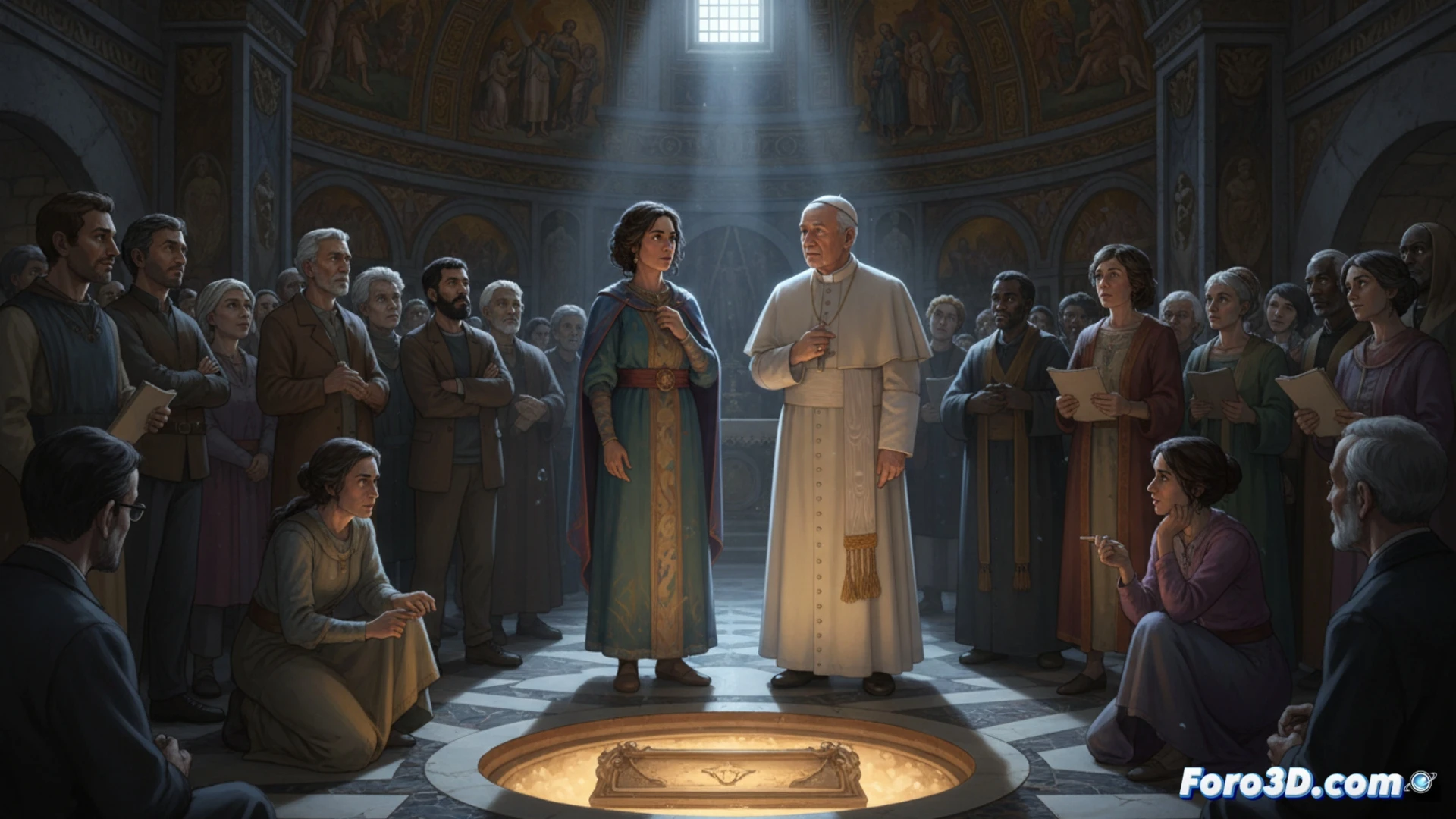 Paula Ortiz sosteniendo un guion abierto frente a una pantalla de edición de video, mostrando la tumba de San Pedro iluminada en 3D, un técnico ajustando un monitor con gráficos de líneas de tiempo, el Papa León XIV observando desde un fondo difuso, durante una reunión en una sala de postproducción, cámaras de cine y micrófonos visibles, estilo cinematográfico fotorrealista, iluminación contrastante entre luces cálidas de estudio y sombras frías, atmósfera de colaboración entre ateos y creyentes.