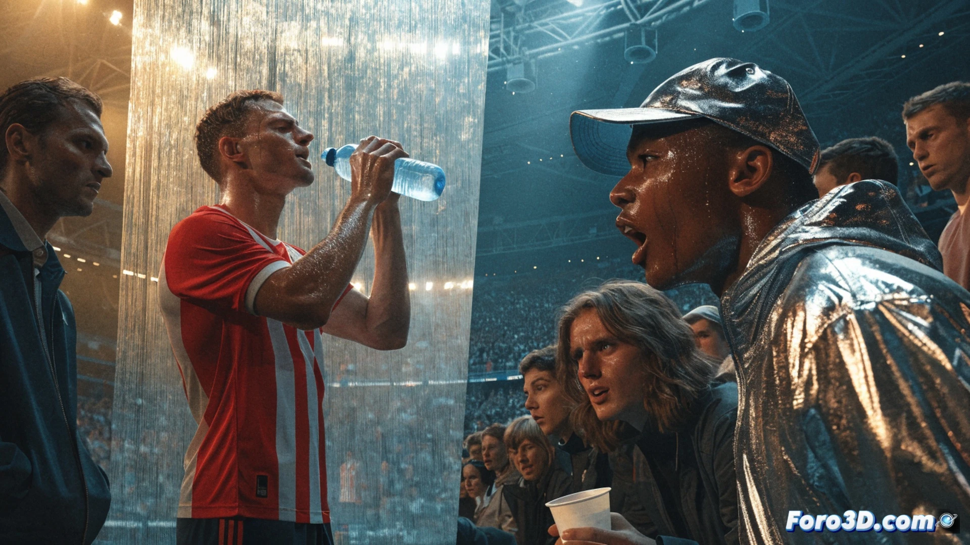 FIFA referee holding a stopwatch during a three-minute hydration break, soccer players huddled on the pitch drinking from water bottles, coach gesturing tactical instructions from the sideline, stadium crowd showing mixed reactions of impatience and relief, broadcast camera crew adjusting equipment to capture the pause, bright stadium floodlights, green grass texture, sweat on players faces, cinematic photorealistic sports documentary style, dramatic wide-angle lens, high contrast lighting, sharp details on jerseys and referee uniform, dynamic composition showing action and stillness simultaneously