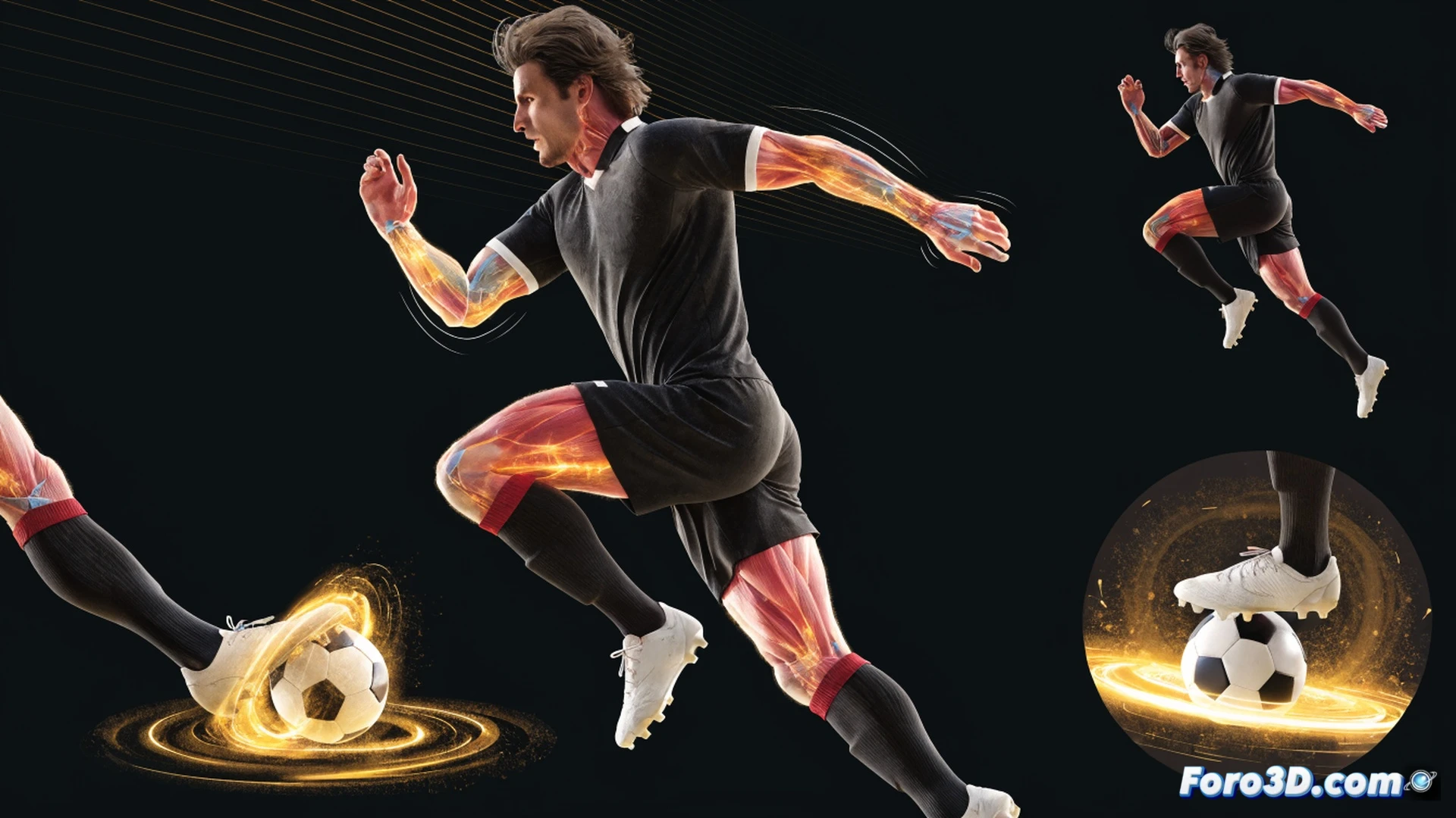 Photorealistic 3D biomechanical analysis of Pavel Nedvěd mid-stride on a digital football pitch, left foot striking a ball with heavy topspin, glowing motion lines tracing his leg trajectory and ball rotation, translucent skeletal overlay showing hip and knee angles during the kick, surrounding holographic UI panels displaying muscle activation maps and force vectors, blue and gold technical lighting, cinematic depth of field, ultra-detailed synthetic grass texture, engineering visualization style