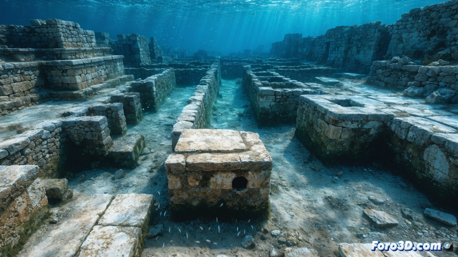 Ancient sunken city of Pavlopetri visible through crystal-clear turquoise water, divers examining 5000-year-old stone walls and rectangular building foundations, clay water pipes embedded in submerged streets, sunlight rays penetrating the surface illuminating the underwater grid layout, photorealistic cinematic underwater archaeology scene, dramatic atmospheric lighting, schools of small fish swimming over ancient ruins, stone blocks with visible erosion patterns, technical illustration style with ultra-detailed textures, Mediterranean seafloor environment, action of divers measuring the urban grid with modern equipment, demonstrating the advanced Bronze Age city planning