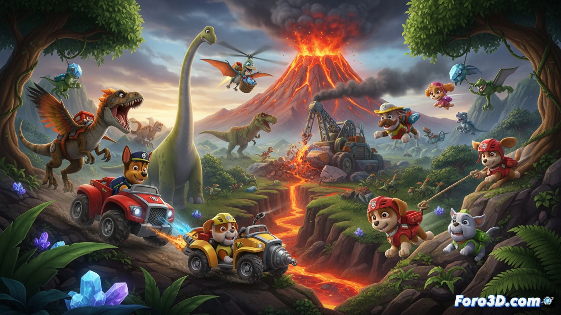 animated dinosaur island scene with Paw Patrol pups in rescue vehicles, rocky terrain with erupting volcano in background, glowing magma flowing down slopes, dinosaur silhouettes in smoke, pups using construction tools and gadgets near a broken bridge, Backstreet Boys music notes floating in air as visual sound waves, cinematic style with warm orange lighting, dynamic action poses, cartoonish yet detailed textures, volumetric smoke and dust particles, high contrast between dark lava and bright sky, no text or numbers, 3D render quality with dramatic shadows