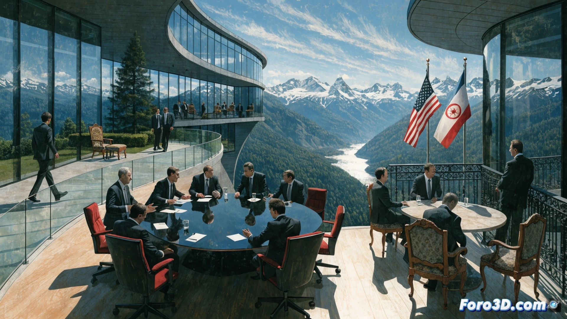 luxury alpine resort model with helipad and golf course, two diplomatic delegations seated at circular negotiation table in glass-walled conference room, U.S. and Iranian flags on stands, digital holographic map of energy routes projected above table, laptops with real-time economic data screens, spa steam rising from distant pools, photorealistic architectural visualization, natural mountain lighting through floor-to-ceiling windows, security personnel visible at perimeter, calm professional atmosphere, cinematic wide-angle shot, ultra-detailed interior design, peaceful negotiation scene