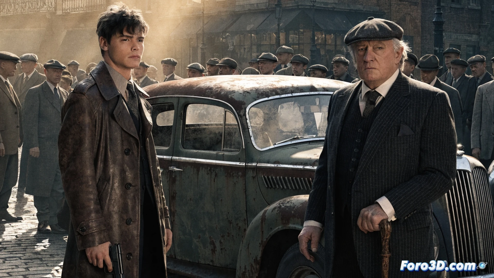 Birmingham postwar industrial alley at dawn, Charlie Heaton in a tailored overcoat examining a disassembled radio transmitter while Conleth Hill in a trilby hat demonstrates a hidden revolver mechanism, sparks from a welding torch behind them illuminating a vintage motorcycle, smoke drifting between brick walls, cinematic photorealistic style, deep shadows and amber streetlight glow, period leather boots on wet cobblestones, technical detail in the radio tubes and gun parts, dramatic noir atmosphere, ultra-detailed period costumes