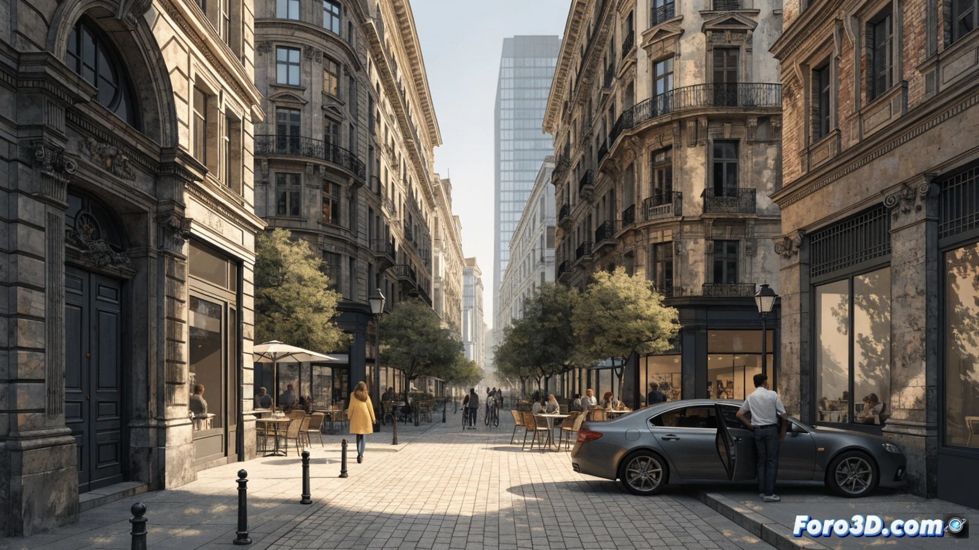Aerial view of a chaotic city intersection being converted to pedestrian zone, construction workers removing asphalt while nearby cars park for free in surface lots, protest signs held by residents clash with luxury electric scooters parked on new pavement, contrasting old cracked tarmac with fresh cobblestones, political campaign posters fading on lampposts, cinematic engineering visualization, dramatic shadows from tall buildings, photorealistic urban planning illustration, detailed street furniture and traffic signs, realistic materials and textures, industrial lighting with sunset glow
