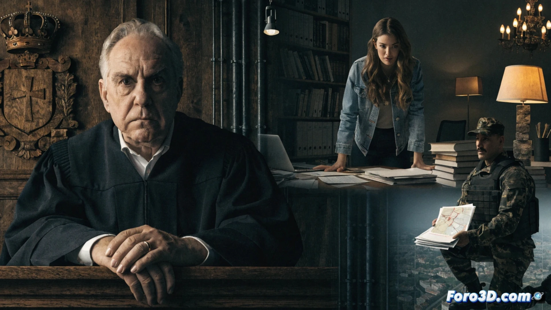 judicial document being stamped with official seal, financial ledger pages with highlighted rows and magnifying glass over corporate account numbers, laptop screen displaying spreadsheet with red flags and audit symbols, guardia civil officer pointing at bank statements while judge observes, photorealistic technical illustration, dramatic shadowy lighting from desk lamp, metallic pen resting on forensic evidence folder, ultra-detailed paper textures and screen reflections, cinematic legal investigation scene