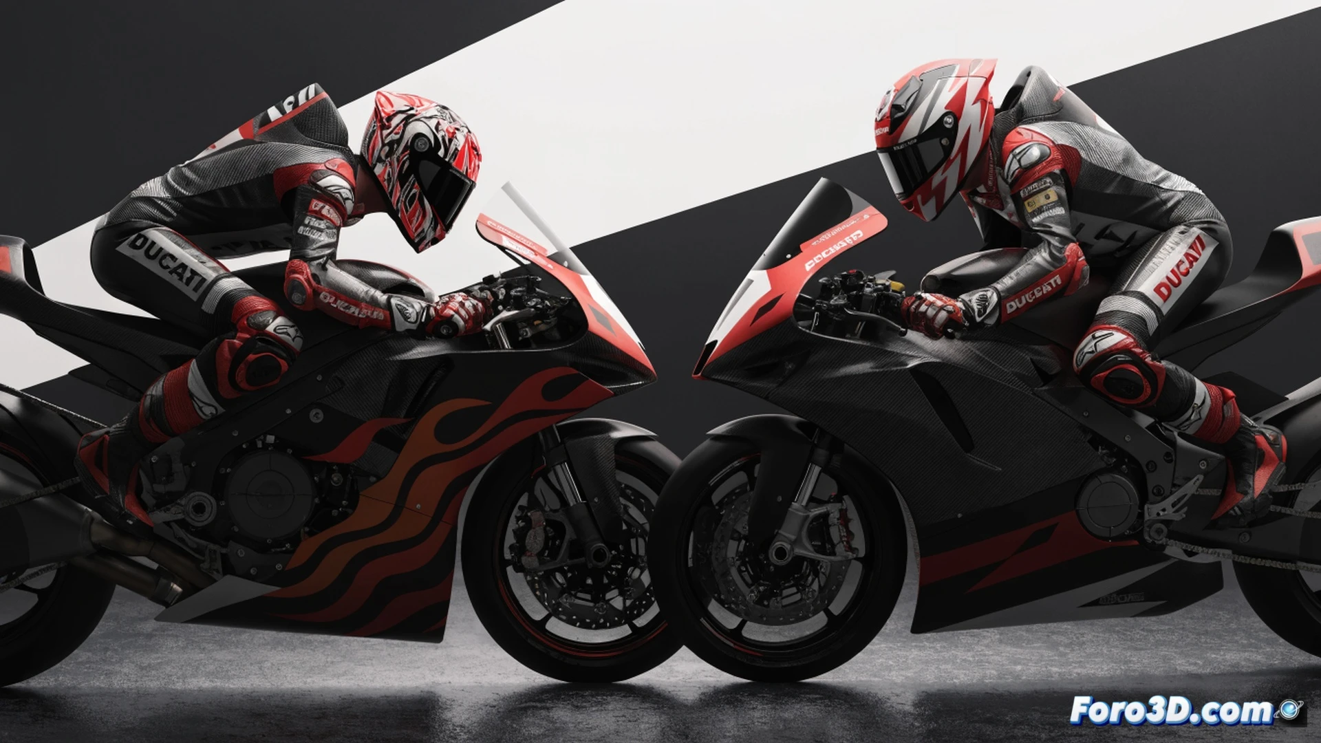 Two MotoGP motorcycles side by side entering a sharp corner at high speed, red Ducati Desmosedici GP bikes with rider numbers 93 and 31, front tires compressing under braking, brake discs glowing orange from extreme heat, aerodynamic winglets cutting through turbulent air, carbon fiber fairings reflecting pit lane lights, sparks flying from titanium skid plates, cinematic motorsport photography style, motion blur emphasizing speed, dramatic low-angle shot capturing intense rivalry and teamwork, photorealistic technical render with hyper-detailed suspension components and exhaust pipes