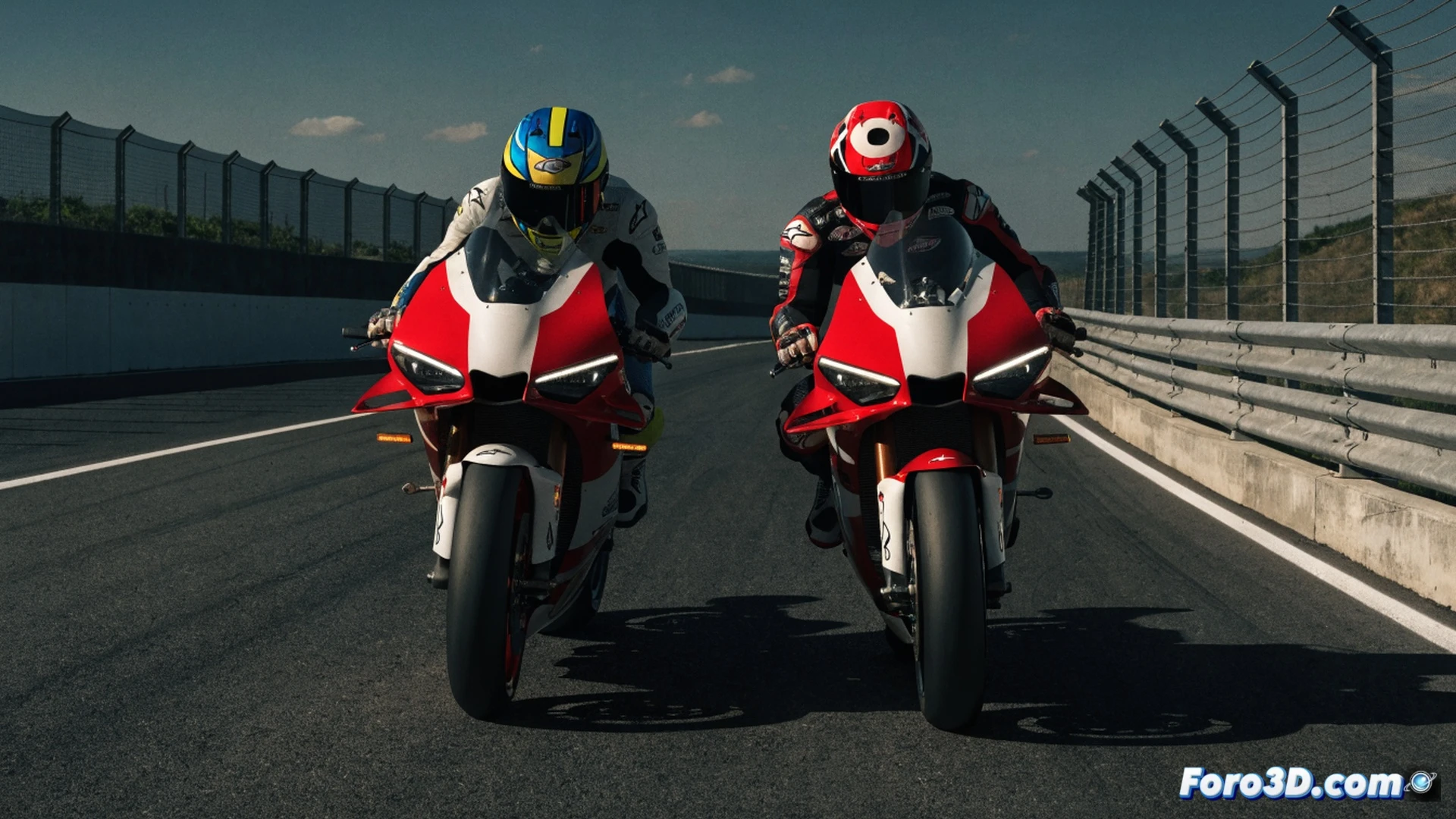 MotoGP pit lane at twilight, Pedro Acosta in red Ducati race suit shaking hands with Marc Márquez beside a Desmosedici GP, carbon fiber fairing partially removed revealing engine internals, data cables connecting to a laptop on a workbench, telemetry graphs glowing on screen, pit crew adjusting rear suspension with a torque wrench, red and white team uniforms, cinematic engineering visualization, dramatic track lighting, metallic reflections on exhaust pipes, motion blur from passing bikes in background, photorealistic technical render