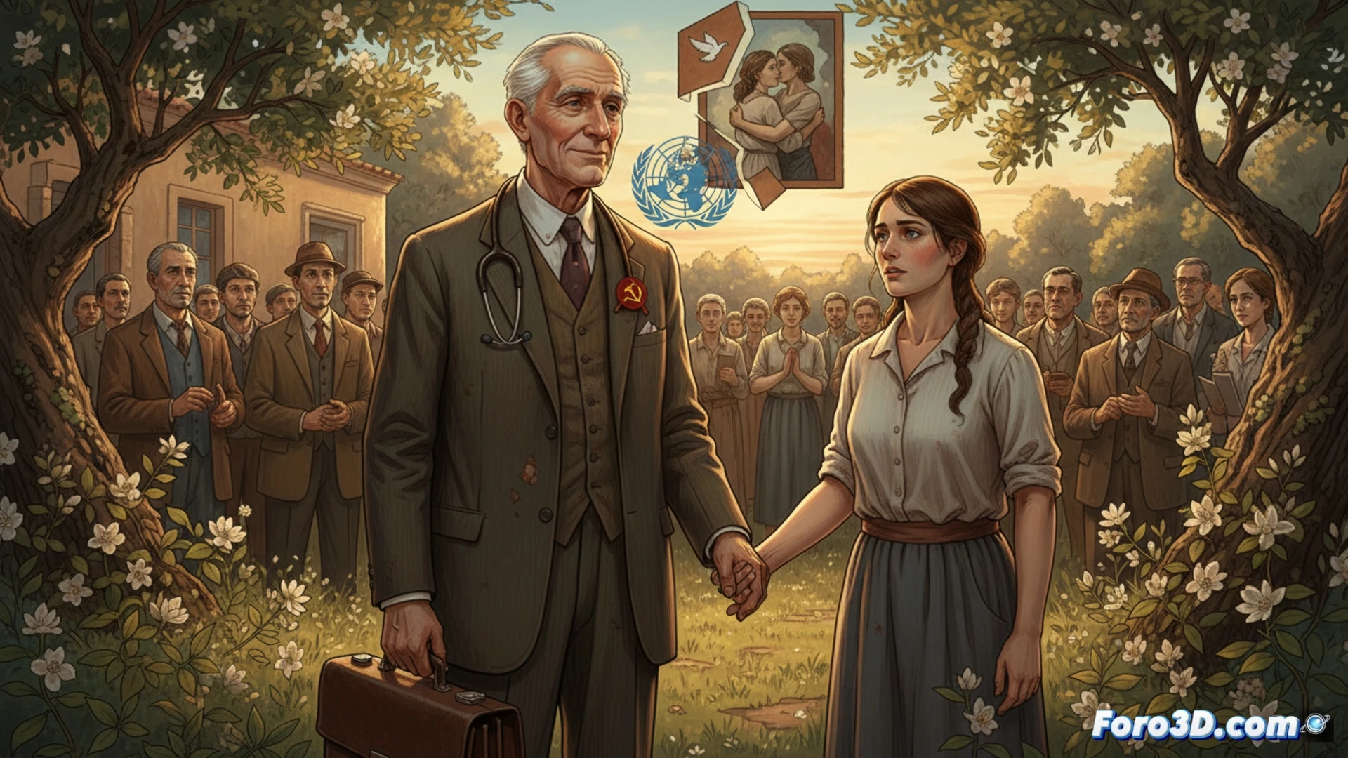 mid-century doctor in white coat examining a political prisoner in a hidden basement clinic, vintage medical tools on wooden table, clandestine red cross flag folded beside a stethoscope, patient with bruised ribs being auscultated, dim single bulb casting shadows, concrete walls with peeling paint, 1950s communist party badge discreetly pinned inside coat lapel, cinematic photorealistic style, dramatic chiaroscuro lighting, dust particles floating in light beam, worn leather doctor bag open showing syringes, historical documentary aesthetic, ultra-detailed textures of aged wood and fabric