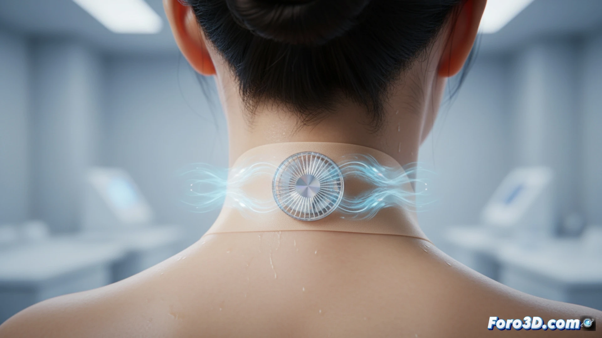 Ultra-thin piezoelectric sticker adhered to back of a human neck, transparent adhesive patch revealing a 0.5 mm ceramic actuator vibrating at high frequency, invisible micro air currents swirling around the nape, soft blue glow tracing airflow paths, person standing under bright sunlight with sweat droplets evaporating mid-air, technical engineering visualization, cross-section diagram inset showing layered piezoelectric crystal and electrode structure, no visible blades or motor, silent operation demonstrated by zero-motion fan blades, photorealistic medical-tech render, cinematic macro shot with shallow depth of field, cool blue and silver metallic tones