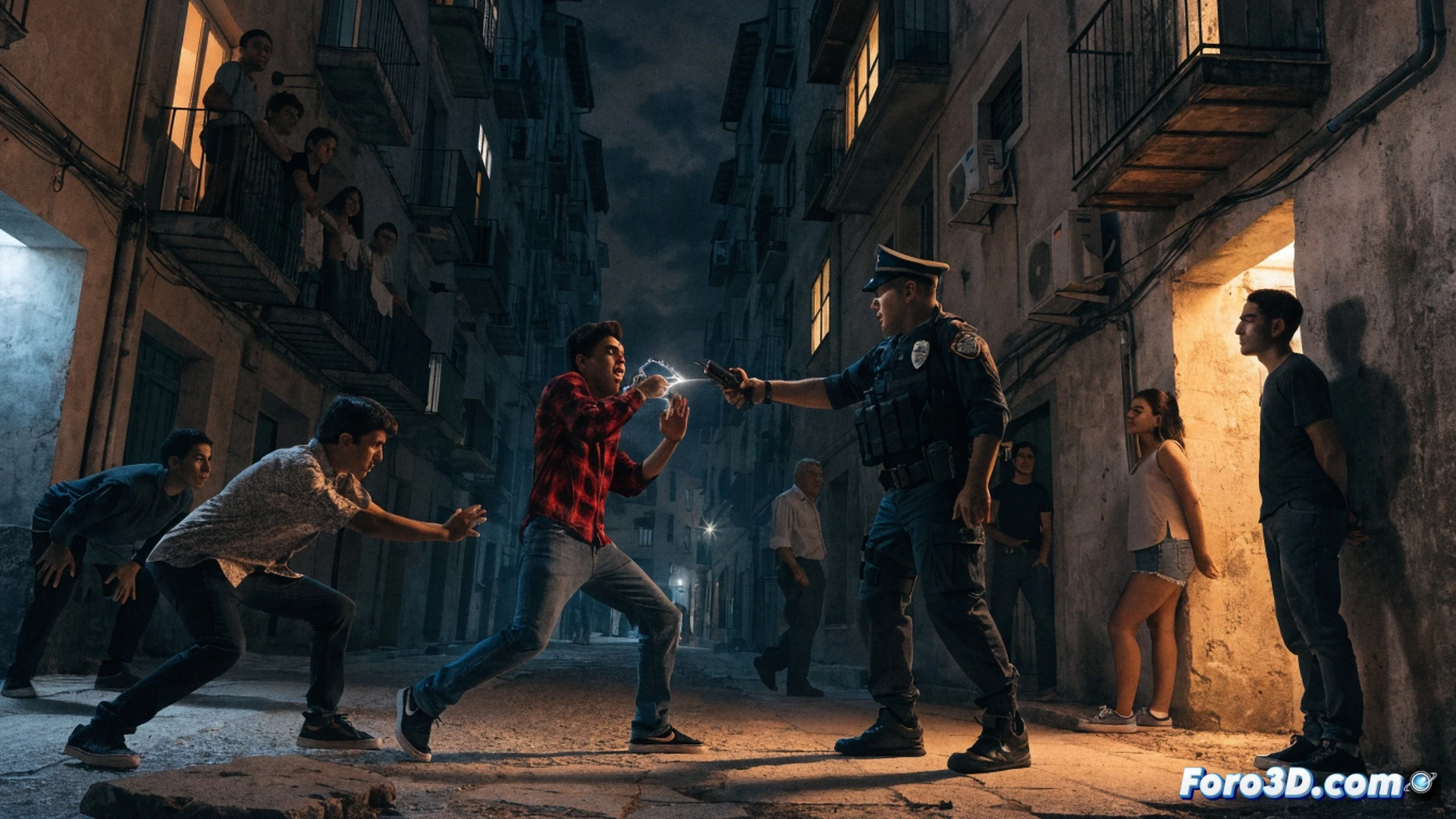 Grupo de jóvenes en callejón nocturno con grafitis y farola rota, agentes de policía con táser desenfundado mientras una botella impacta en el suelo, cámara lenta captando el destello del arma eléctrica, al fondo un bar de barrio con persiana metálica abollada y cartel de precariedad laboral, volantes de mediación comunitaria pisoteados, estilo cinematográfico realista, iluminación de farolas parpadeantes y neón rojo, sombras alargadas, textura de asfalto mojado, profundidad de campo desenfocando figuras secundarias, photorealistic technical render, alta definición.