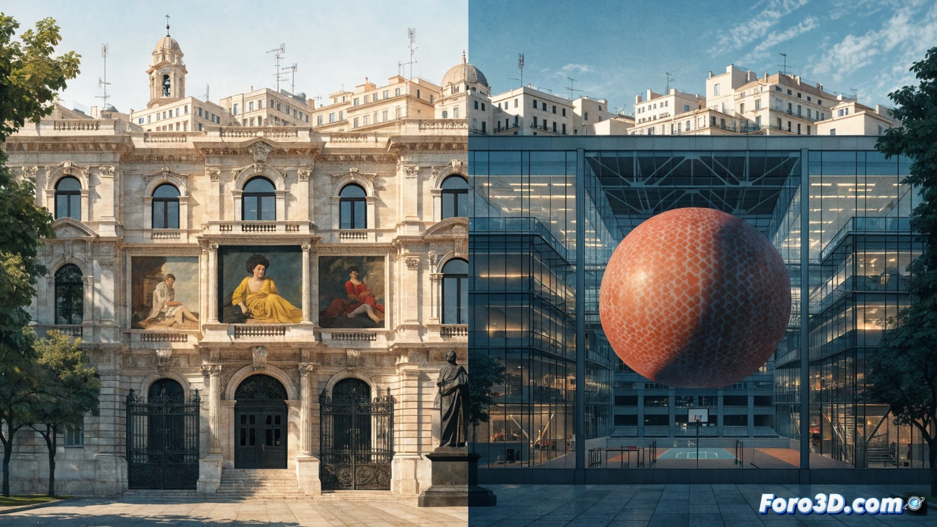 photorealistic scene of historic Correos building facade in Valencia, large glass window revealing interior debate, Pelota Postal ball mid-air breaking apart into paper shards and digital data streams, Sorolla painting being gently moved aside by robotic arms, museum exhibit displays showing postal communication artifacts and sporting equipment, crowd of citizens watching through window with expressions of curiosity, dramatic golden hour sunlight casting long shadows, architectural details of ornate stonework and arched entrances, cinematic composition, ultra-detailed textures, soft warm lighting contrasting with cool blue digital elements, technical precision in building structure and crowd dynamics