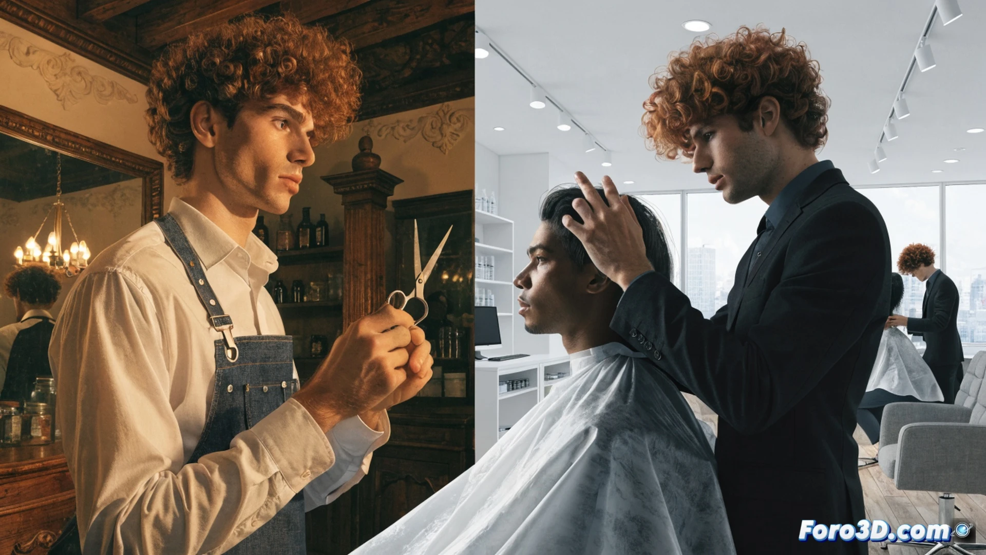 a valencian hairstylist packing professional scissors and clippers into a suitcase, airport departure board showing flights to Berlin and Paris in background, empty salon chair behind them with a comb on the floor, split composition showing German salon interior with double salary offer on desk, cinematic photorealistic style, dramatic lighting contrasting warm Spanish tiles and cold German white walls, motion blur on suitcase wheels, detailed hair clipper blades and styling tools visible