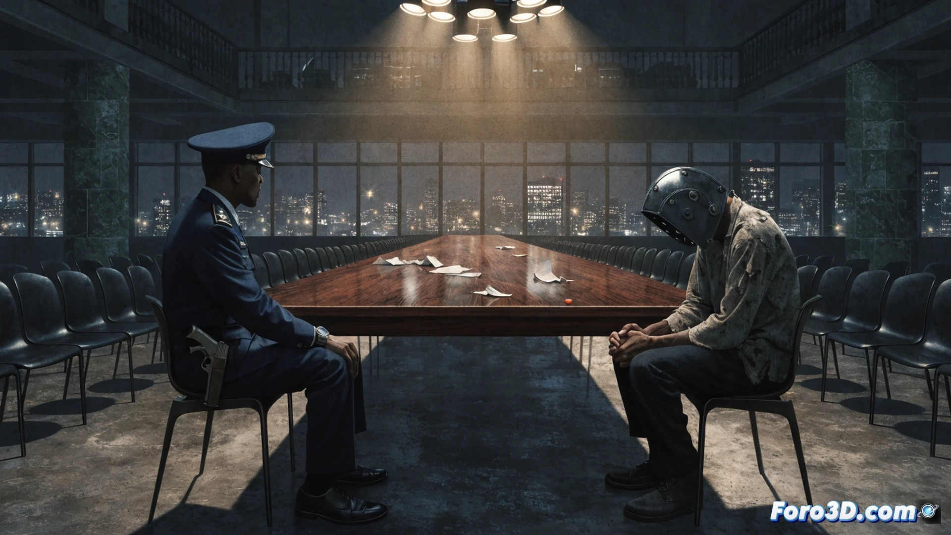 prison cell with empty execution chamber visible through reinforced glass, rusty lethal injection equipment disconnected and dusty, small plant growing through cracked concrete floor, forensic evidence bags stacked in corner, prison guard uniform hanging unused on hook, cinematic photorealistic technical illustration, cold fluorescent lighting, shadows stretching across abandoned medical equipment, sterile white tiles reflecting gloom, ultra-detailed institutional architecture, dramatic contrast between living plant and dead machinery, high contrast moody atmosphere