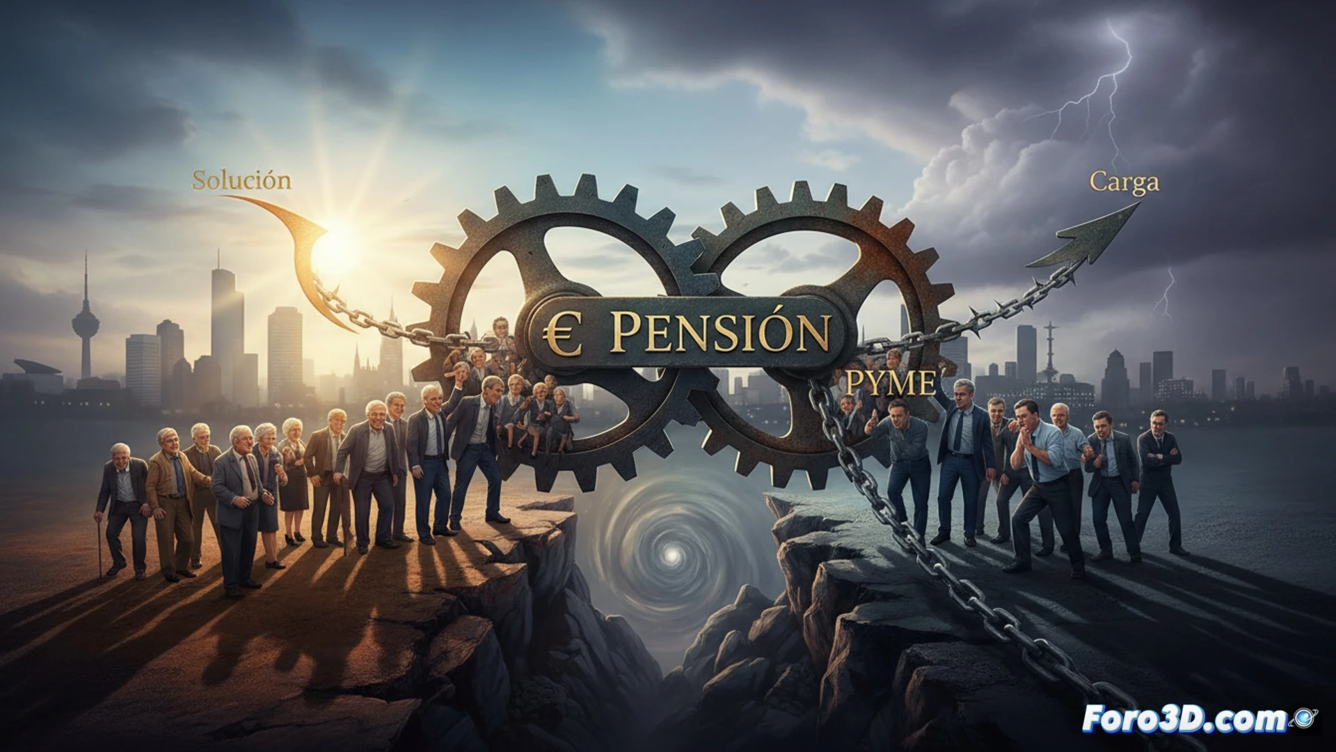 small business office scene, a stressed owner in a polo shirt holding a calculator while a large clock looms overhead, a digital payroll screen showing a red negative balance, a stack of pension contract papers being pushed across the desk by a government representative’s hand, a tiny piggy bank cracking under the weight of a heavy metal gear labeled PENSION, photorealistic technical illustration, harsh fluorescent lighting casting long shadows, dust particles in the air, cluttered desk with a dead plant, realistic textures on wood and plastic, cinematic depth of field