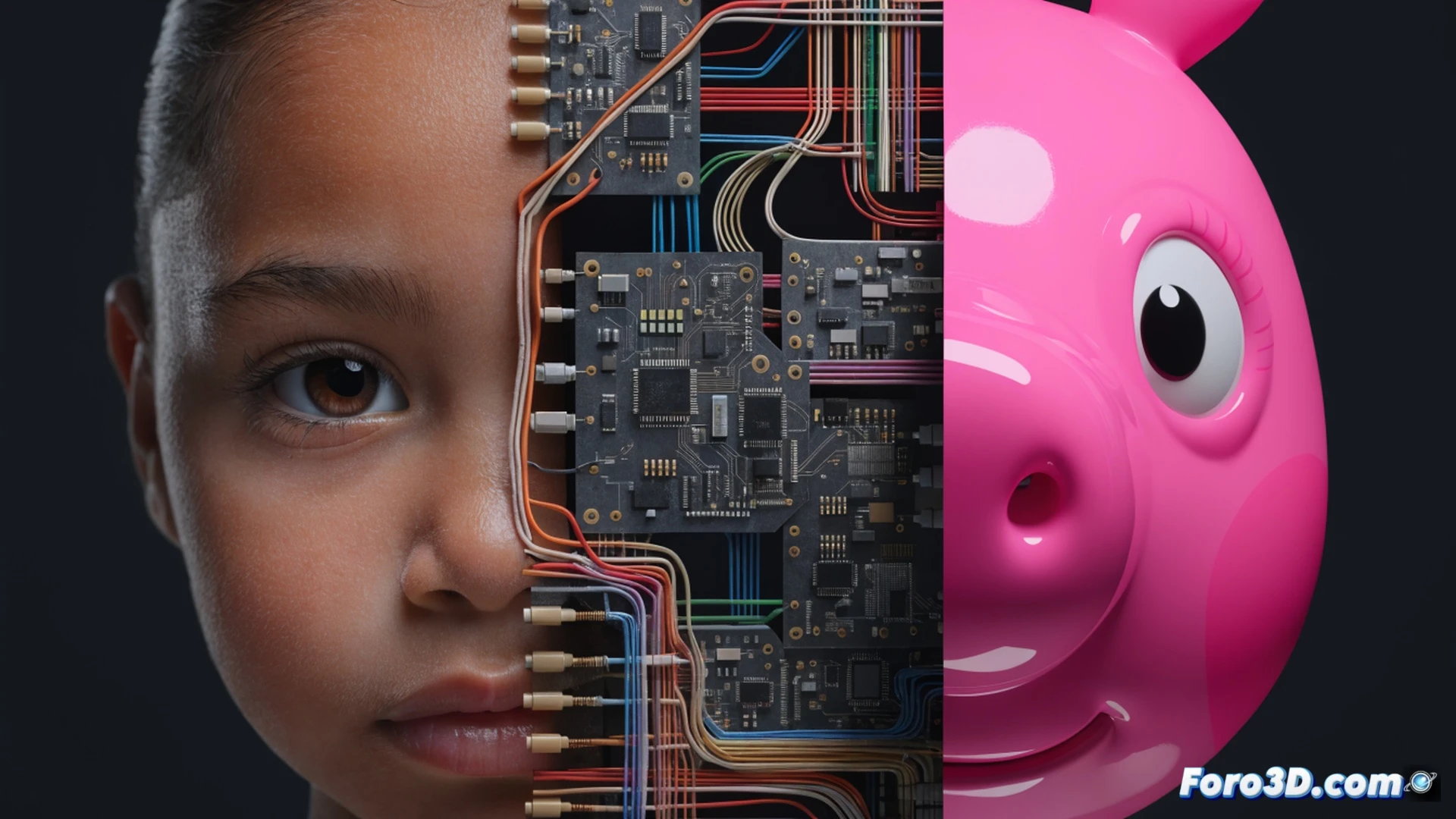 Photorealistic cinematic scene of a young girl in a recording studio, her mouth open mid-sentence while a glowing digital waveform is extracted from her throat, feeding into a futuristic AI server rack labeled with pig icons, Hasbro logo on a monitor showing processed voice data, child’s parents watching with worried expressions, soundproof foam walls, microphone with red recording light, cables connecting to a neural network visualization, dramatic blue and orange lighting, ultra-detailed studio equipment, technical engineering aesthetic, ethical technology documentary style