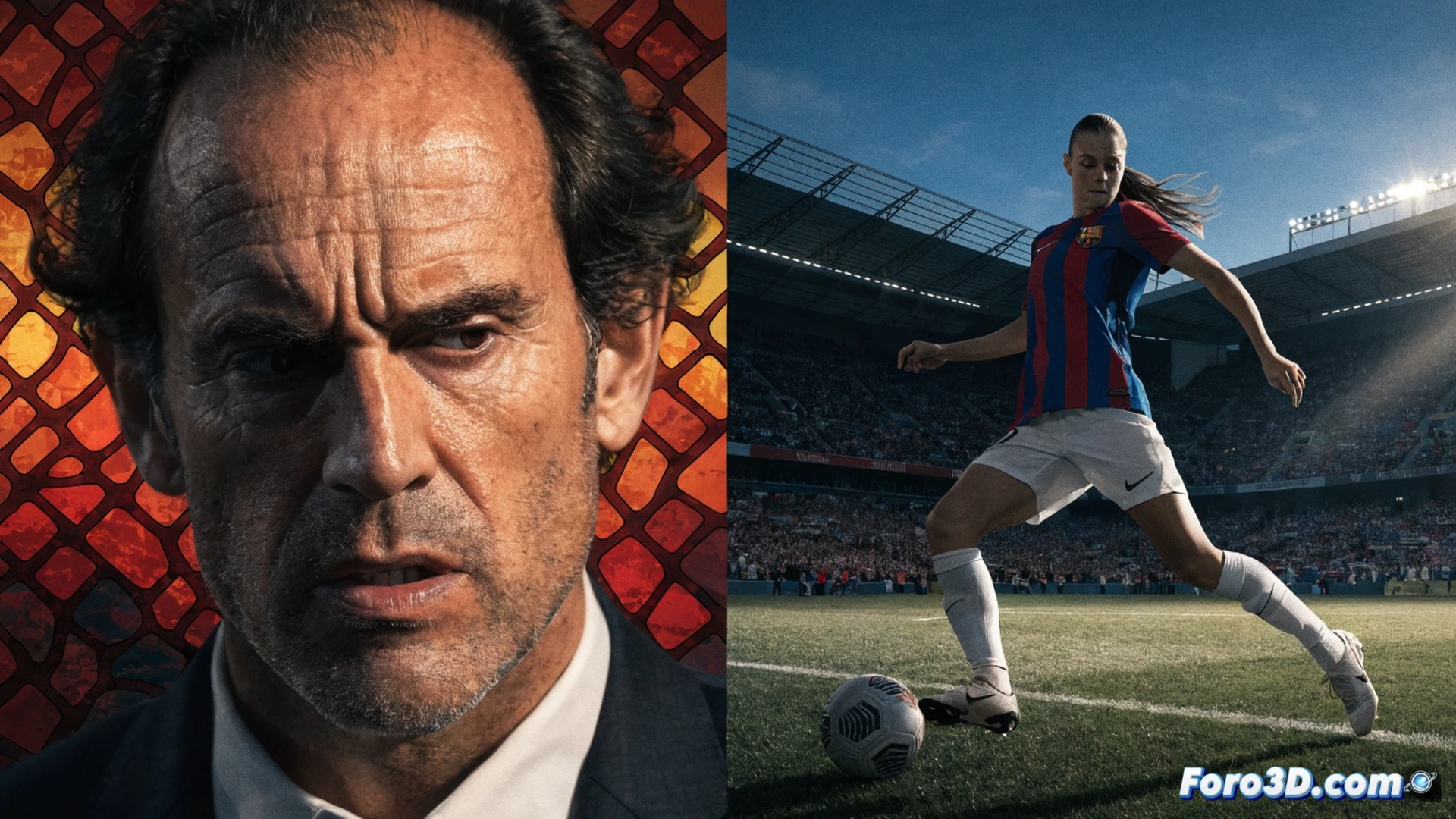 Pere Romeu señalando una pizarra táctica con formaciones 4-3-3, balón de fútbol femenino Nike sobre el césped del Camp Nou, trofeo Champions League 2024 brillando en primer plano, reloj digital marcando 2028 en la esquina superior, jugadoras del Barça Femenil corriendo en un entrenamiento nocturno bajo focos, estadio iluminado con gradas parcialmente llenas, banquillo técnico con tablets táctiles mostrando estadísticas en tiempo real, brazalete de capitana con cuatro estrellas, cinematic photorealistic sports visualization, dramatic floodlight beams, deep blue and burgundy team colors, motion blur en los movimientos de las jugadoras, depth of field entre el entrenador y el campo, ultra-detailed grass texture, professional football atmosphere