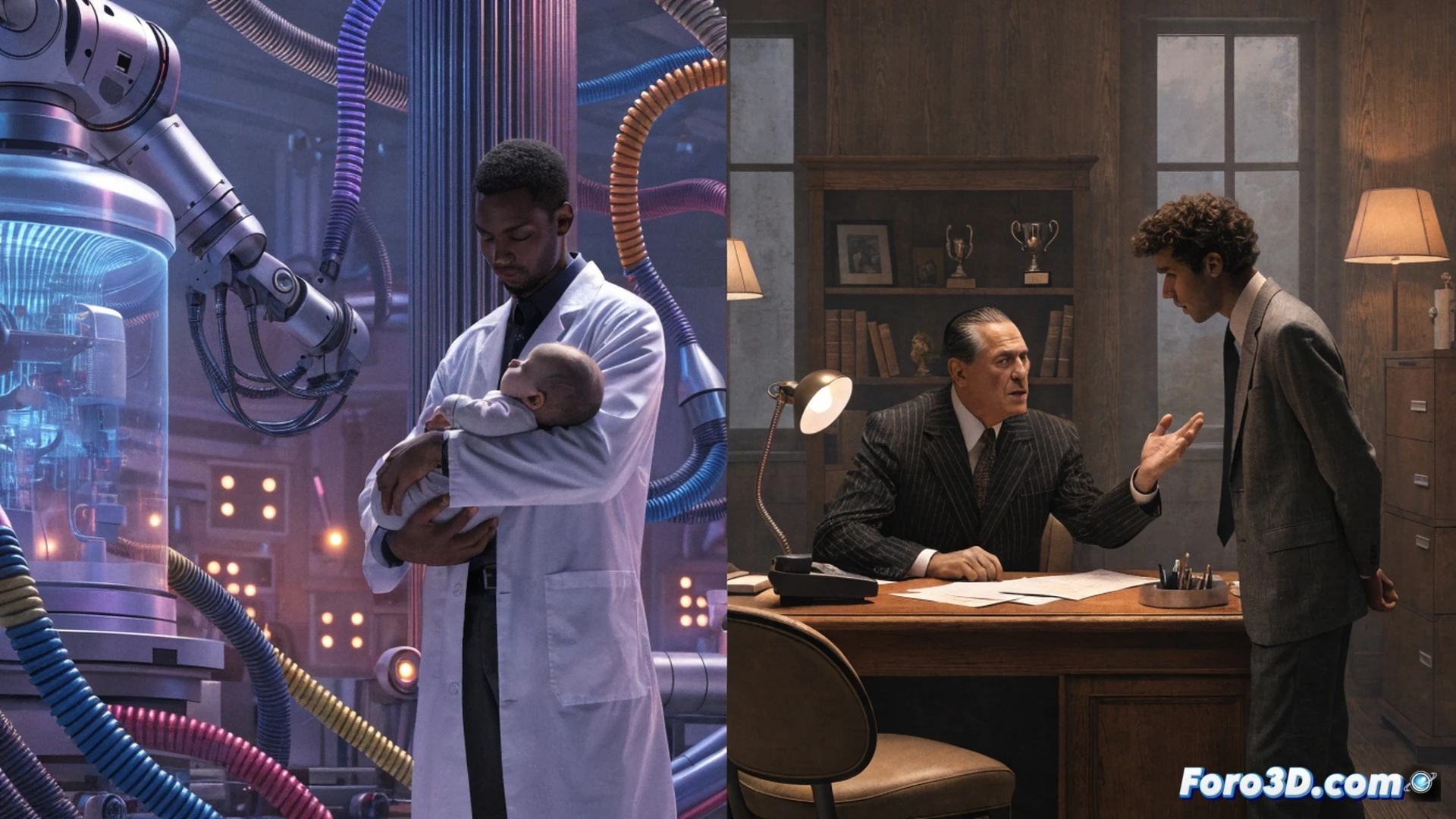 photorealistic scene of a man in a modern office, holding a baby carrier in one hand while a digital calendar on a tablet shows only three tiny leave days highlighted, his boss standing behind a glass partition with crossed arms and a disapproving glare, a scientific infographic on the wall showing a graph of reduced child cortisol levels with active father presence, desk cluttered with engineering blueprints and a laptop displaying a paused video call, dramatic cold blue lighting casting shadows, tense workplace atmosphere, ultra-detailed textures on office furniture and baby carrier straps, cinematic composition emphasizing the contrast between the man’s caregiving role and the hostile corporate environment
