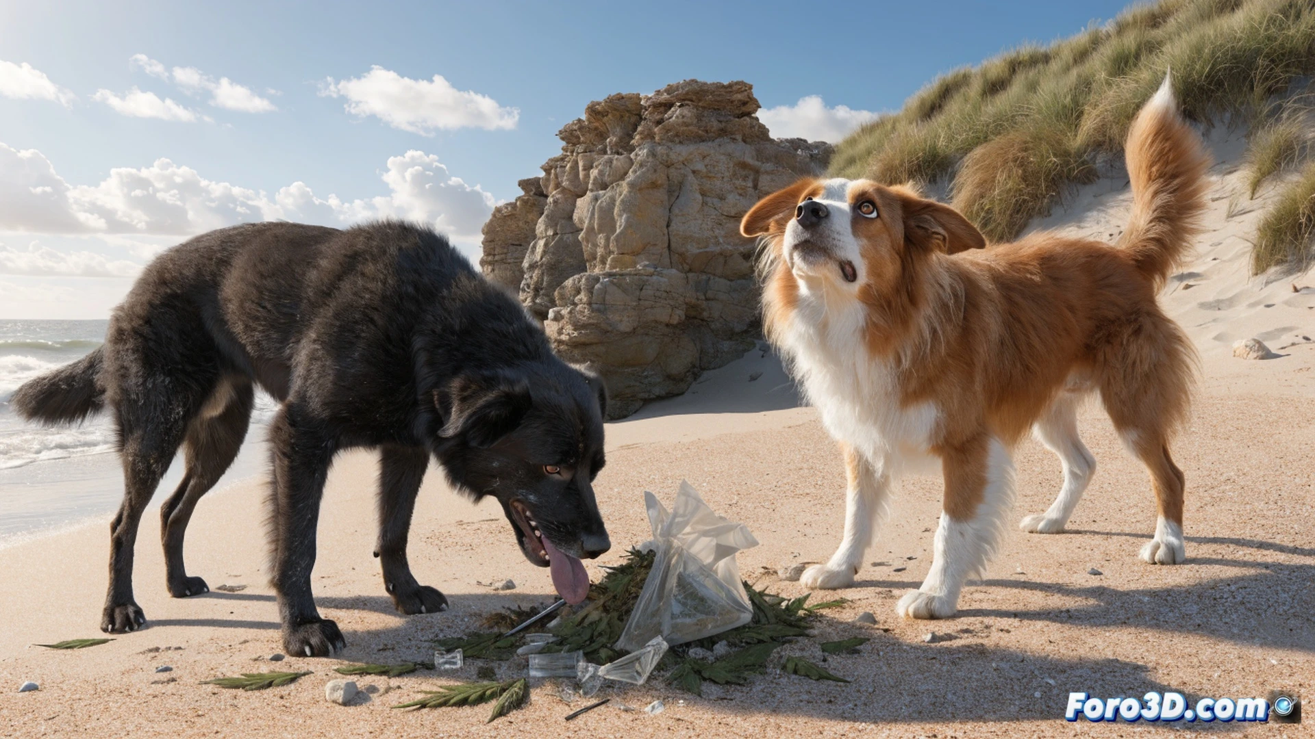 Playas del Cantábrico al atardecer, perro labrador lamiendo restos biológicos humanos en la arena húmeda cerca de dunas, mostrando síntomas de intoxicación: desorientación visible, temblores musculares en patas traseras, pérdida de equilibrio mientras intenta caminar, veterinario de urgencia arrodillado aplicando suero intravenoso y monitorizando frecuencia cardíaca con estetoscopio, jeringuilla y botes de medicación sobre toalla blanca, fondo de olas rompiendo suavemente, estilo cinematográfico fotorrealista, iluminación crepuscular dramática, texturas de arena y pelo mojado ultra detalladas, profundidad de campo limitada, tonos azules y dorados, composición vertical tipo reportaje documental.