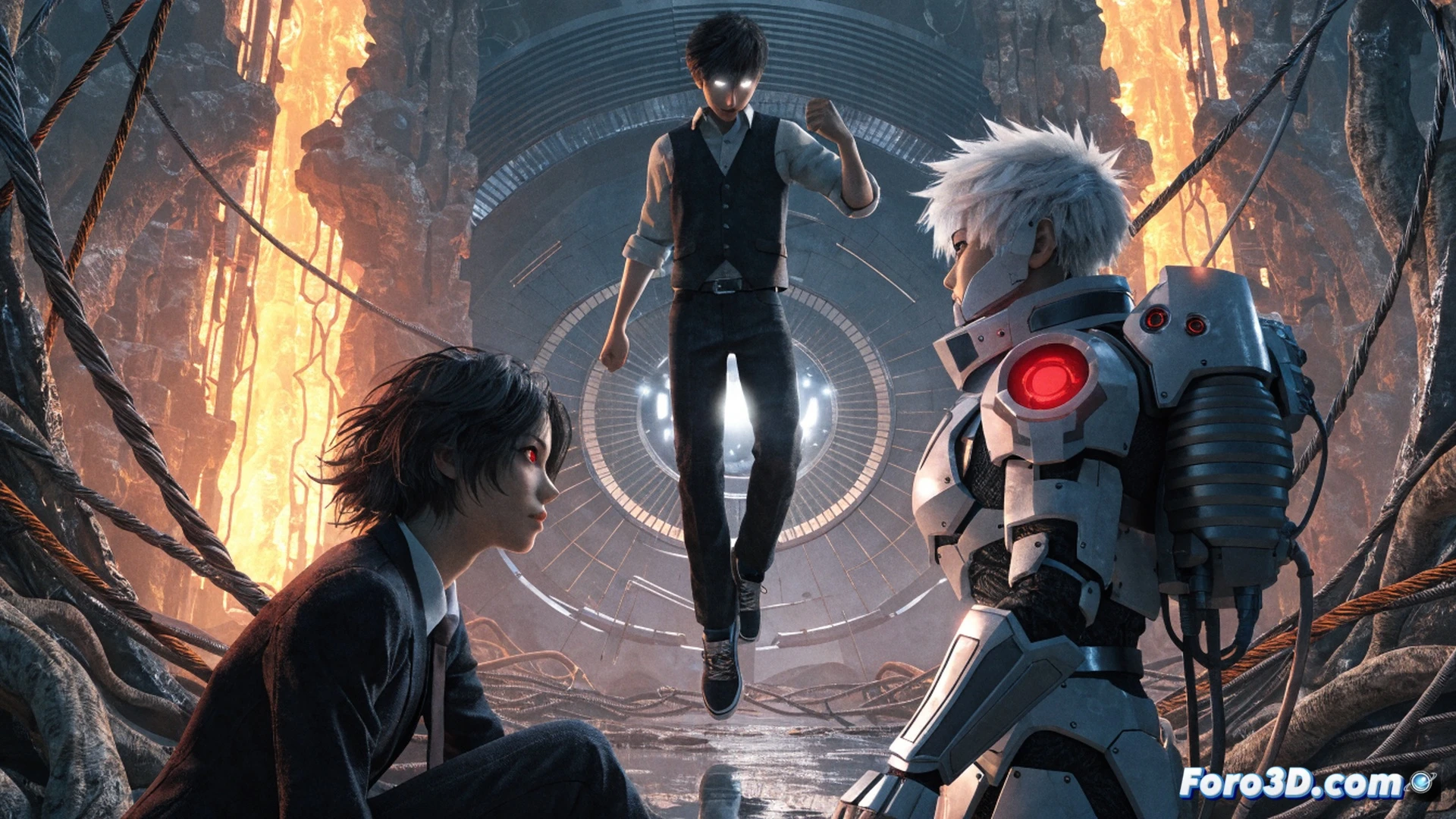Persona 3 Reload protagonist aiming an Evoker at a shadow enemy during combat, blue energy particles swirling around the gun barrel while a UI overlay demonstrates stat boosts and damage numbers, character model showcasing refined textures and lighting, dark urban school hallway setting with metallic lockers, cinematic game engine visualization, dynamic pose with motion blur, glowing elemental effects, photorealistic character render, dramatic contrast between neon blue and deep shadows, ultra-detailed clothing folds and hair physics