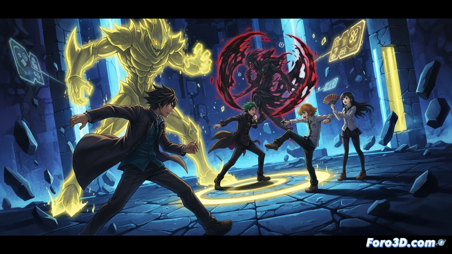 cuatro personajes anime estilizados en combate dinámico, uno desvaneciéndose en partículas doradas mientras otro aparece en su lugar, durante un intercambio de luchadores en plena batalla, fondo de neón púrpura y azul con grietas digitales, mostrando el proceso de reemplazo en tiempo real, interfaz técnica flotante con barras de salud y habilidades, estilo cinematográfico de videojuego, iluminación dramática, texturas metálicas y brillos de energía, render fotorrealista con efecto de movimiento y partículas
