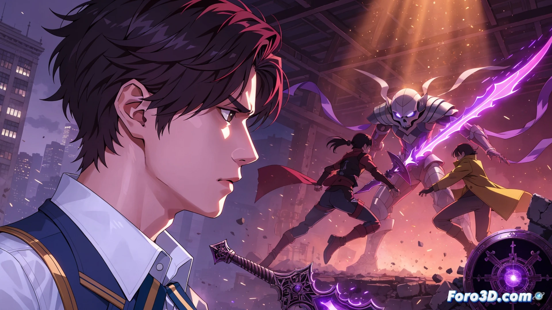 Persona 4 protagonist standing in Inaba’s foggy school hallway, summoning a Persona with glowing blue cards mid-combat, party members flanking with weapons drawn, shadowy enemies dissolving into light particles, UI elements showing health bars and turn order, cinematic game engine visualization, dynamic camera angle capturing action and dramatic lighting, photorealistic character models, particle effects, dark atmospheric shadows contrasting bright persona glow