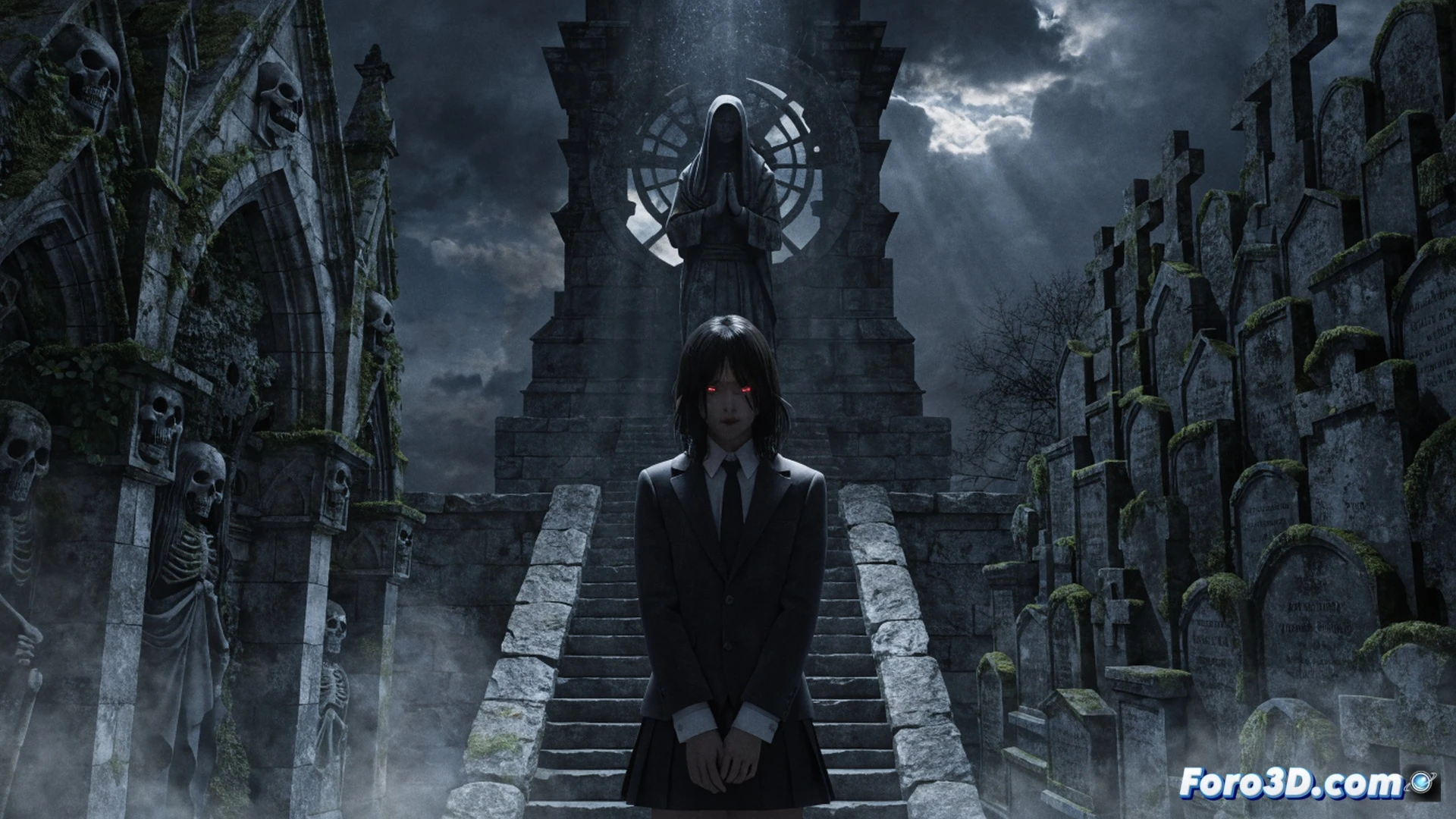 fog-covered cemetery at midnight, cracked tombstones with wilting flowers, protagonist in school uniform standing at a rusted iron gate, hand gripping a broken smartphone showing glitched screen, shadows twisting into humanoid shapes among gravestones, eerie green-blue moonlight piercing through bare tree branches, decaying gothic mausoleum in background, psychological horror atmosphere, cinematic composition, realistic textures on stone and metal, volumetric fog effects, ultra-detailed ground moss and wet cobblestones, photorealistic render, dramatic chiaroscuro lighting, subtle motion blur on swaying dead leaves