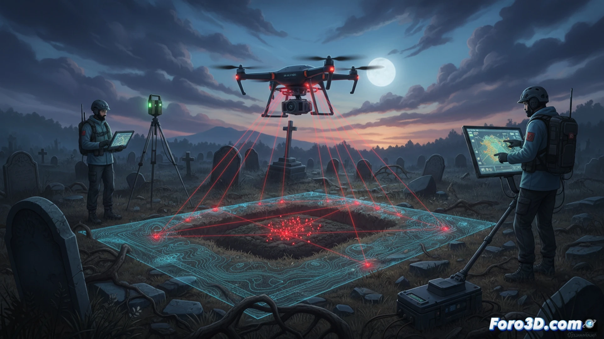 Dron sobrevolando terreno irregular con nube de puntos LiDAR coloreada mostrando anomalías topográficas para detección forense