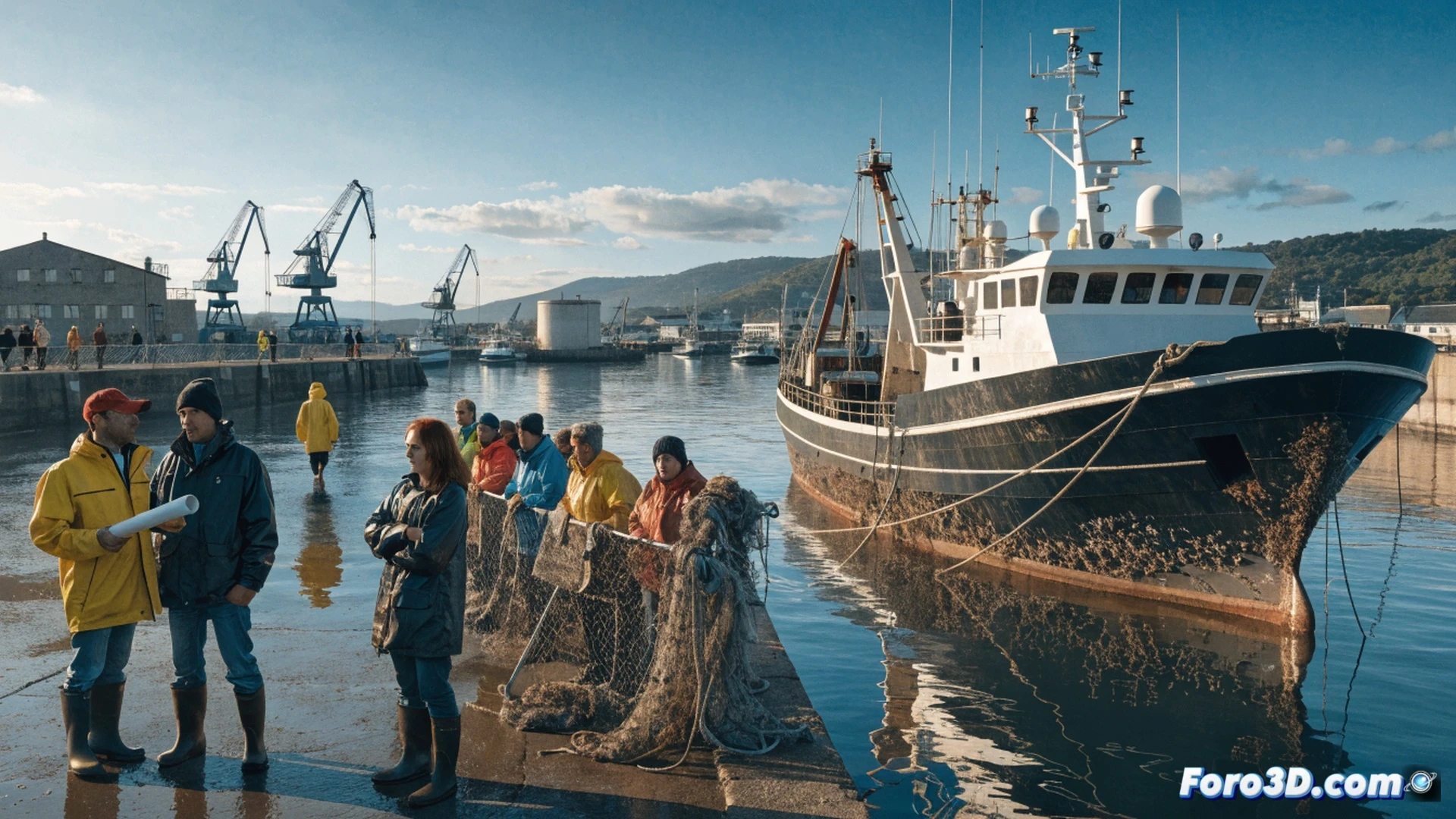 french fishing trawler at dock in Cherbourg, diesel fuel hose connected to tank, fuel gauge showing high consumption rate, empty fish crates stacked on deck, fishermen holding protest signs while checking fuel receipts, dramatic overcast sky, photorealistic technical illustration, cinematic lighting highlighting rusted metal hull and hydraulic winches, fuel price chart displayed on a tablet held by a fisherman, cost breakdown visualization showing 60% fuel expense, realistic maritime textures, wet wooden pier, industrial harbor background, muted color palette with orange safety vests