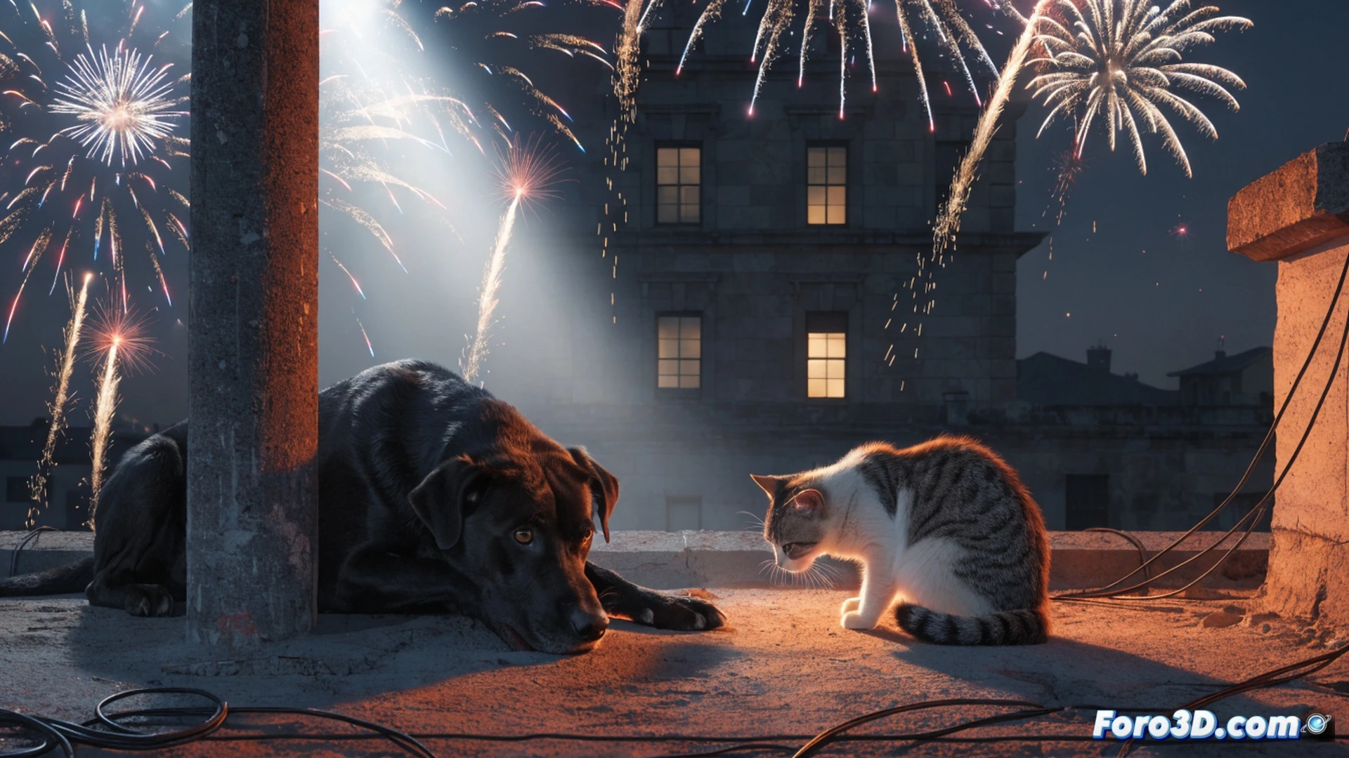 hyperrealistic cinematic scene of a terrified dog hiding under a wooden table during a San Juan celebration, trembling body, wide fearful eyes, ears flattened, rapid panting visible, nearby a loud firecracker exploding with bright orange sparks and smoke, sound wave distortion lines radiating outward, the dog’s paw pressing against a concrete floor, technical illustration style, dramatic low-angle lighting, high contrast shadows, intense emotional atmosphere, photorealistic animal anatomy, detailed fur texture, environmental debris scattered, action captured mid-explosion