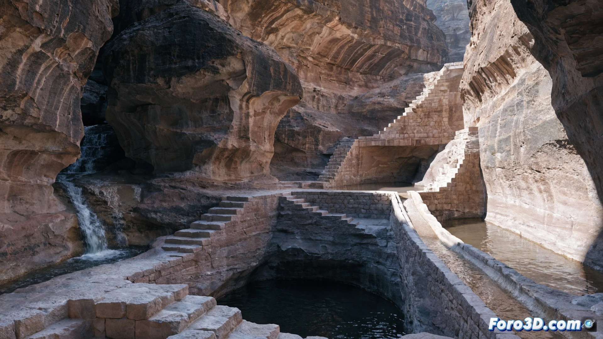 Cinematic aerial view of ancient Petra hydraulic system in action, water flowing through carved stone channels and clay pipes into a large cistern, workers maintaining the network with bronze tools, desert sun casting long shadows, technical illustration style, photorealistic textures on sandstone cliffs and terracotta pipes, cross-section of underground reservoir showing sediment layers and filtration, dramatic golden hour lighting, ultra-detailed stone carvings, engineering visualization with exposed water flow dynamics, no text or numbers, realistic arid landscape background