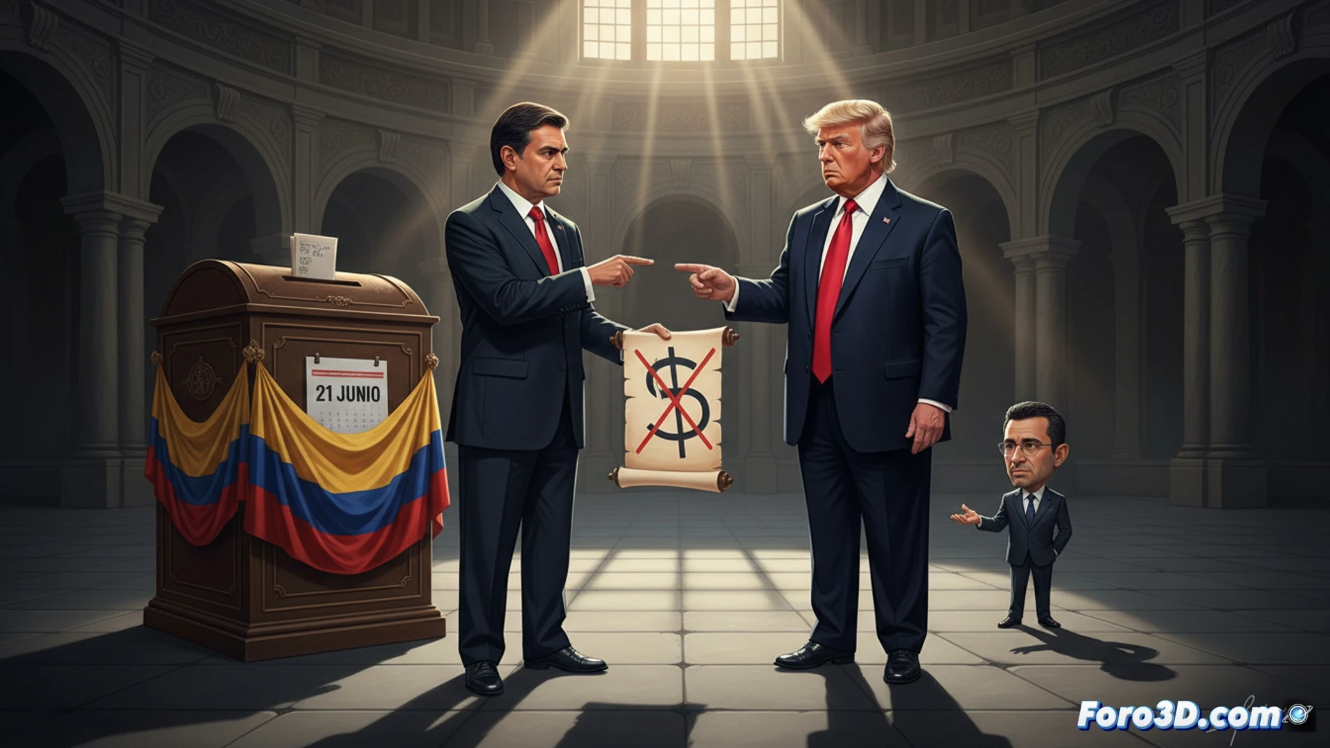 Gustavo Petro en un escritorio presidencial señalando un documento legal colombiano con el texto oculto, frente a una pantalla digital que muestra a Donald Trump con una mano extendida hacia la bandera colombiana, mientras cables de datos conectados a un servidor financiero extranjero se enredan en una urna electoral, fondo de sala de control electoral con gráficos de votación en tiempo real, iluminación dramática de contraste azul y rojo, estilo cinematográfico fotorrealista, textura metálica y papel oficial, sombras duras, composición de poder y advertencia