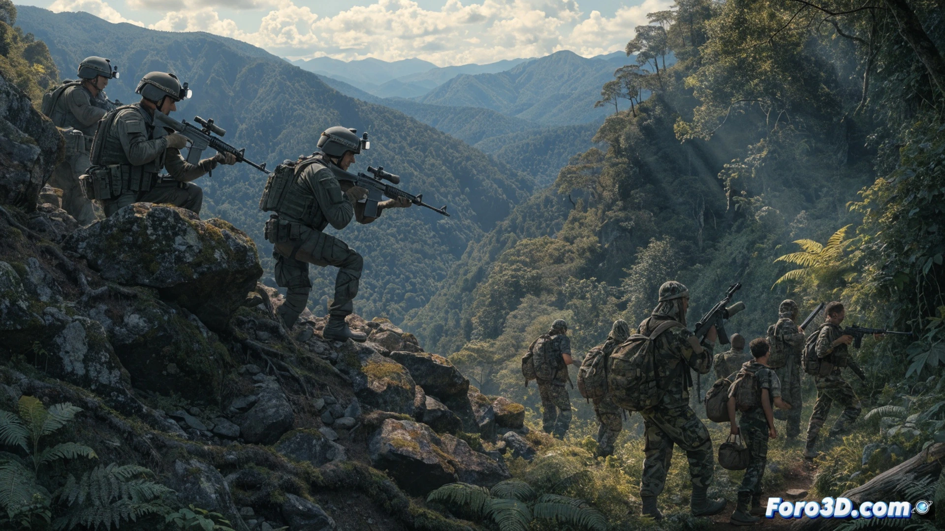 jungle military offensive scene, Colombian army soldiers advancing through dense green foliage, helicopter rotor wash displacing leaves and dust overhead, night vision goggles glowing faintly on helmets, tactical rifles raised, smoke trails from distant artillery strikes rising between tree canopies, abandoned rebel camp with makeshift tents and wooden crates, a young boy in civilian clothes being guided away by a soldier, dramatic low-angle cinematic shot, photorealistic style, gritty combat atmosphere, high-contrast lighting, intense action freeze-frame, hyperdetailed camouflage patterns, wet mud splatter on boots, realistic weapon textures